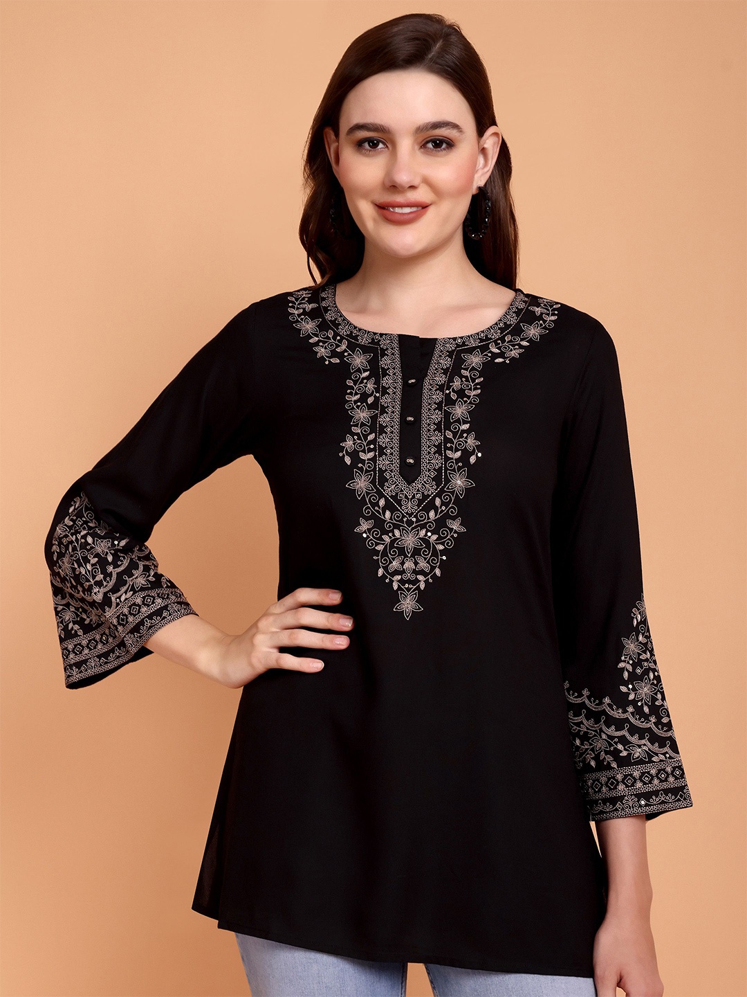 

Atha Fashion Women Floral Embroidered Thread Work Pure Cotton Thread Work Kurti, Black