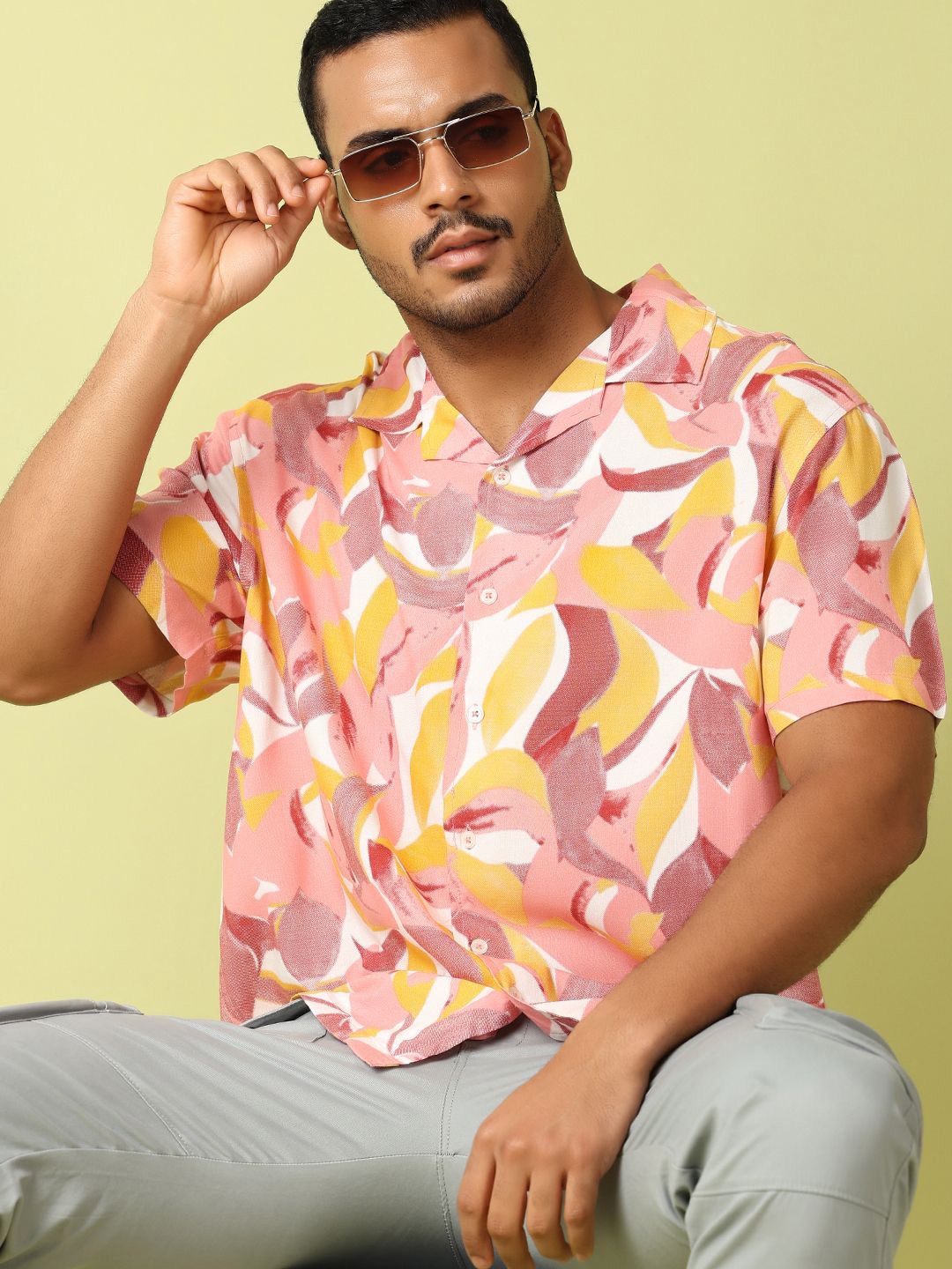 

V-Mart Men Classic Cuban Collar Abstract Self Design Boxy Casual Shirt, Peach