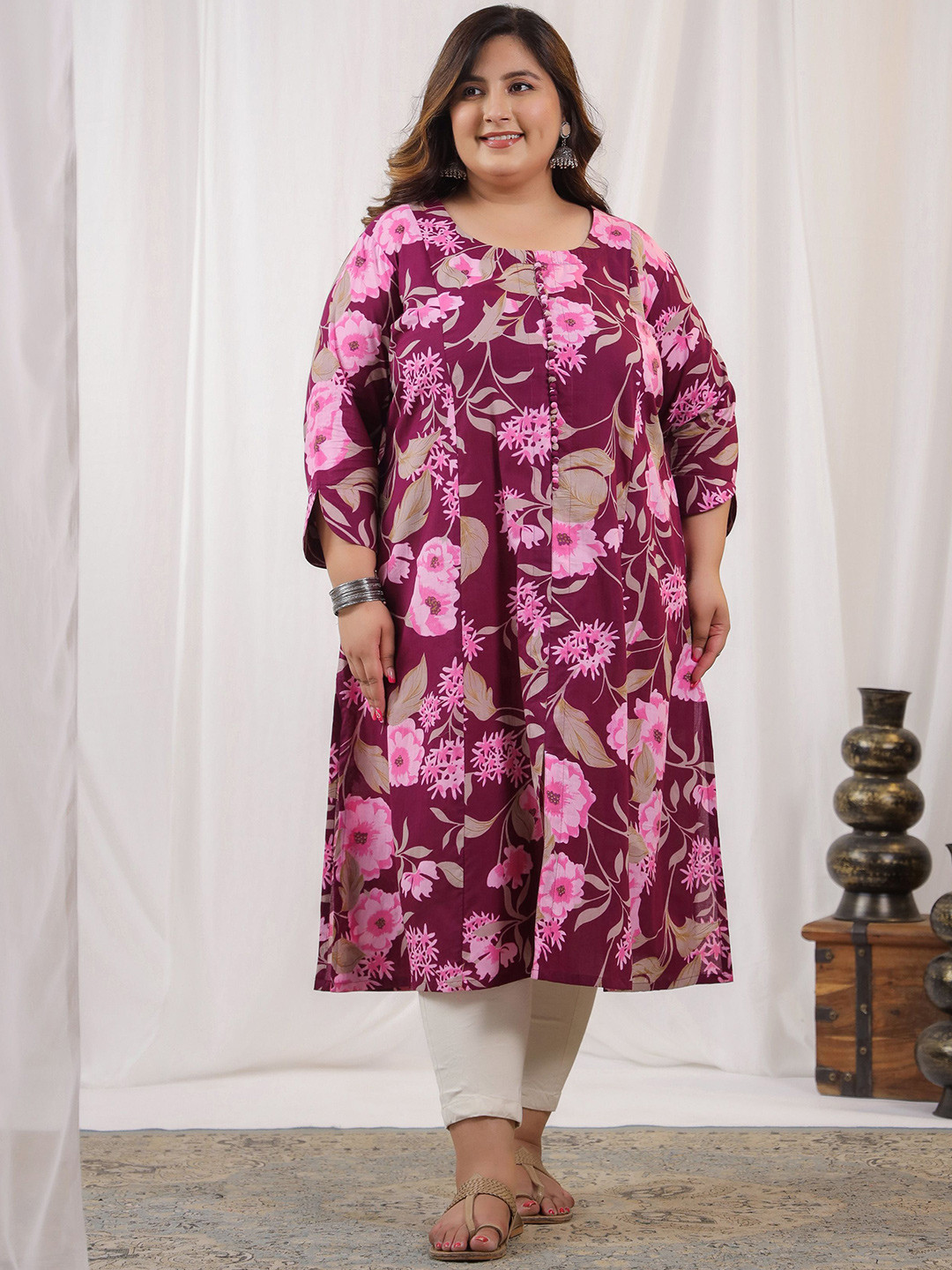 

LALI JAIPUR Women Plus Size Floral Printed Cotton Round Neck A-Line Kurta, Purple