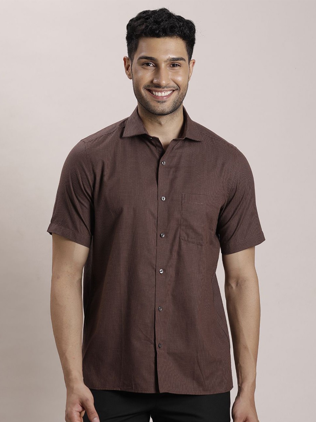 

Turtle Men Classic Spread Collar Micro Ditsy Printed Cotton Formal Shirt, Brown