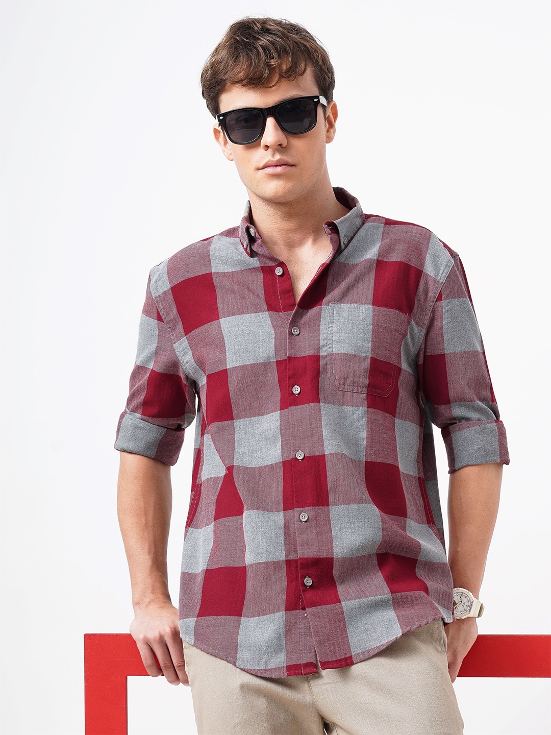

British Club Men Standard Button-Down Collar Gingham Checked Cotton Casual Shirt, Red