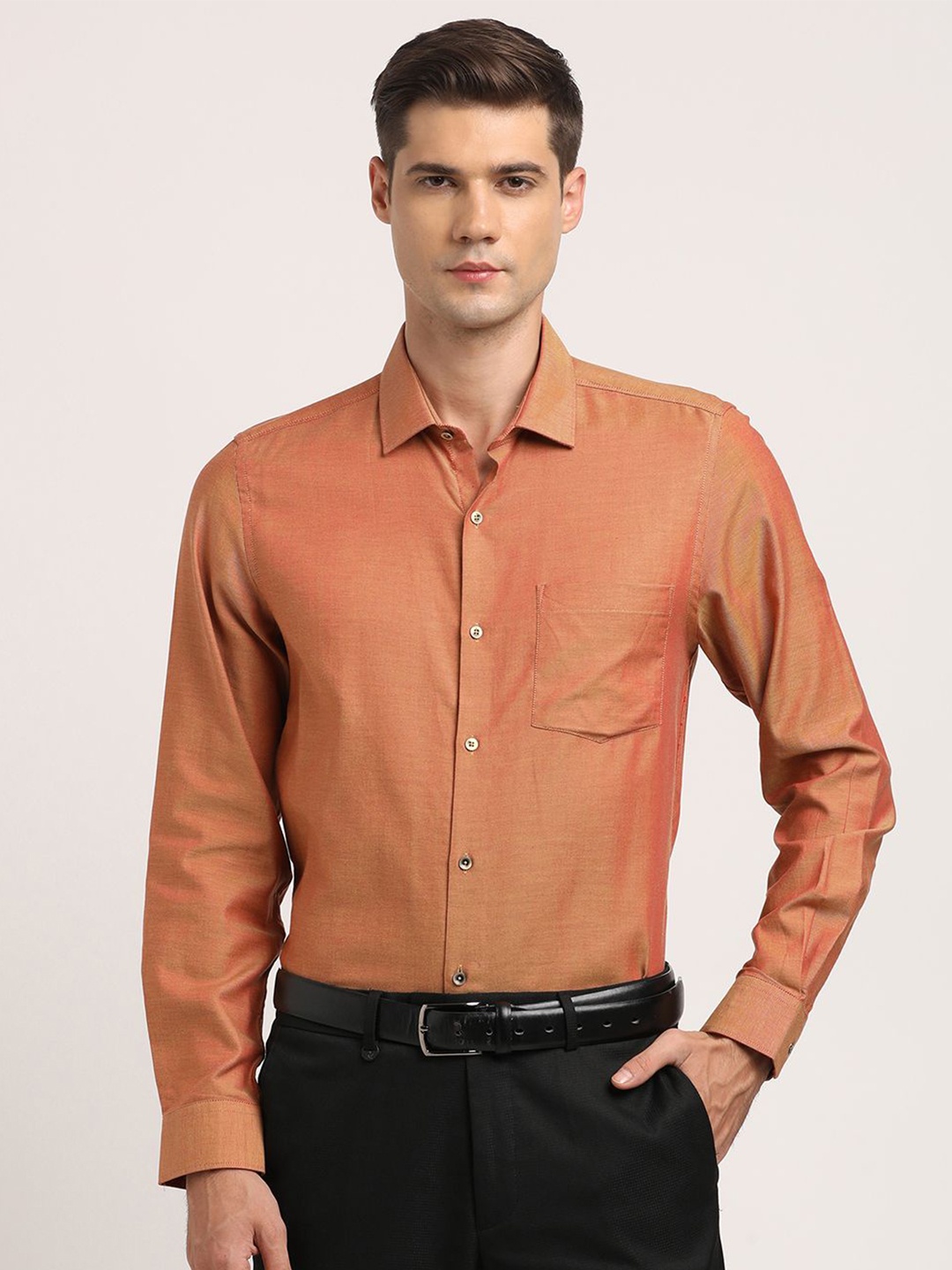 

Turtle Men Classic Spread Collar Textured Cotton Slim Fit Formal Shirt, Orange