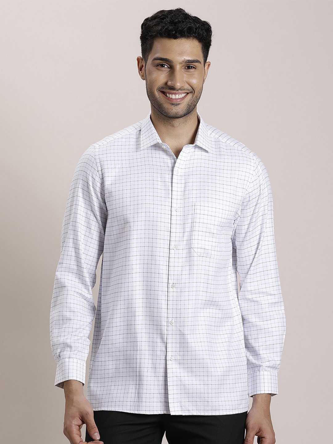 

Turtle Men Classic Spread Collar Grid Tattersall Checked Cotton Formal Shirt, White