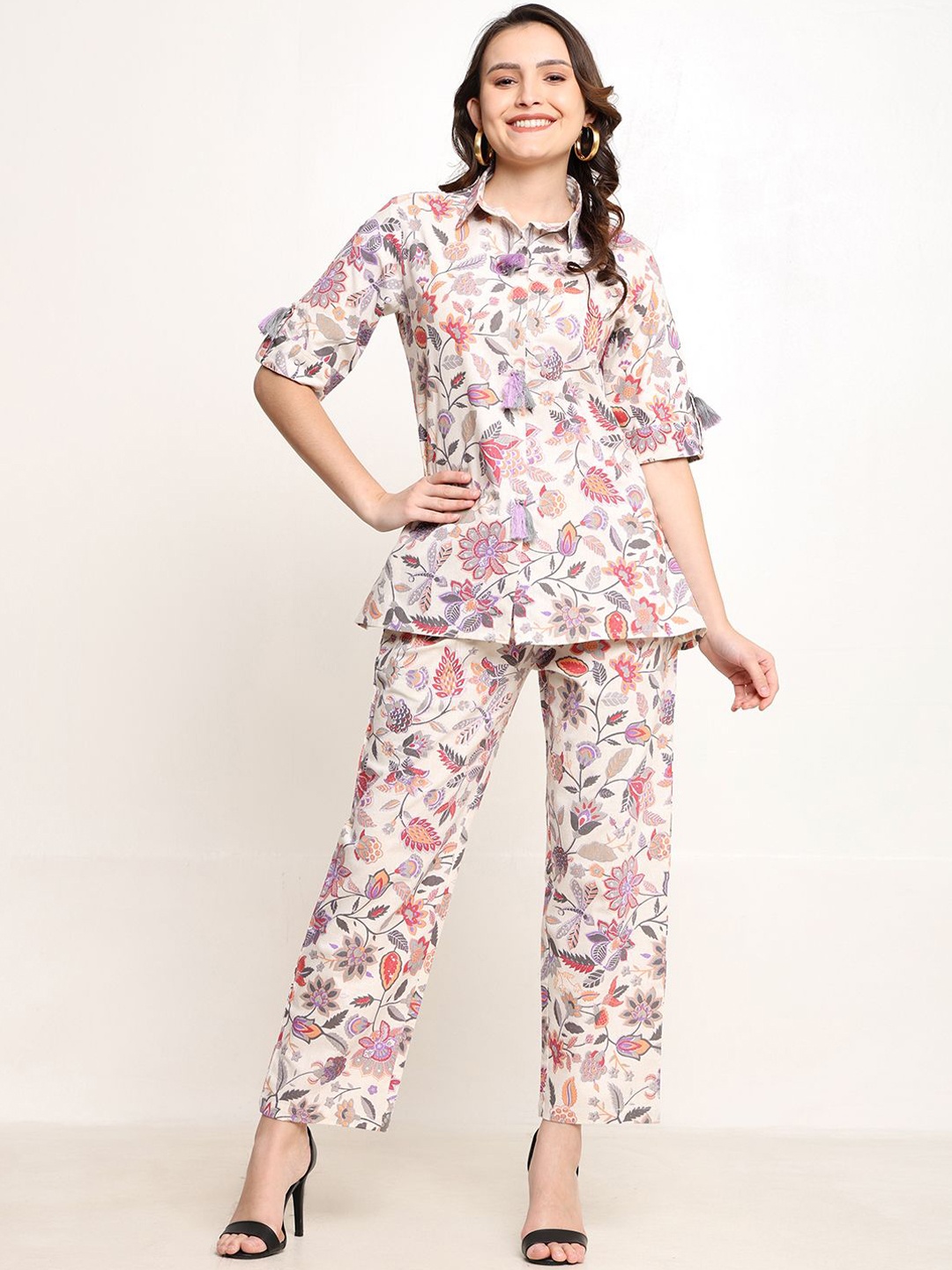 

CORDSET Printed Collar Shirt With Trousers Co-Ords, Beige