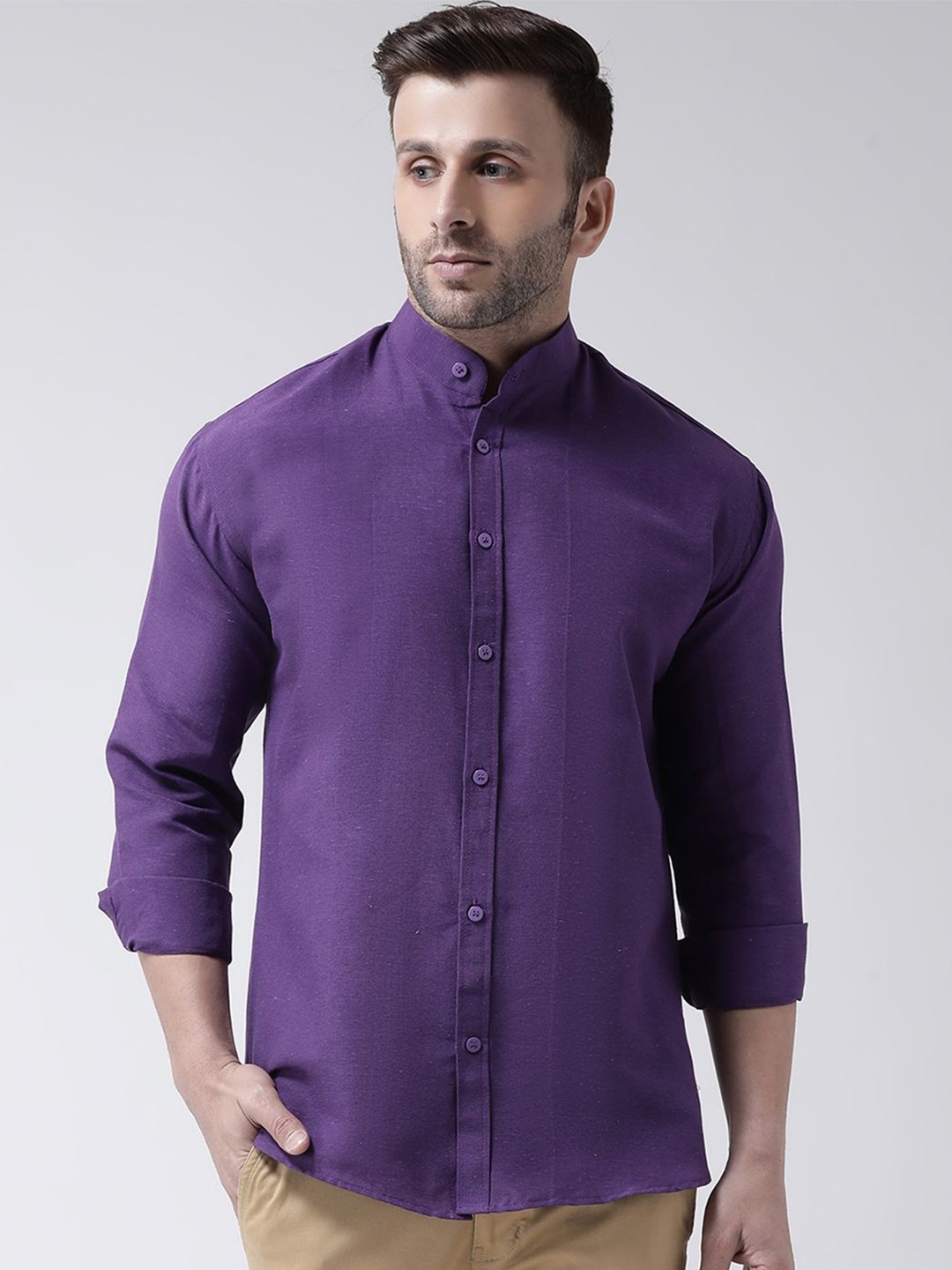 

KLOSET BY RIAG Men Classic Band Collar Solid Cotton Casual Shirt, Purple
