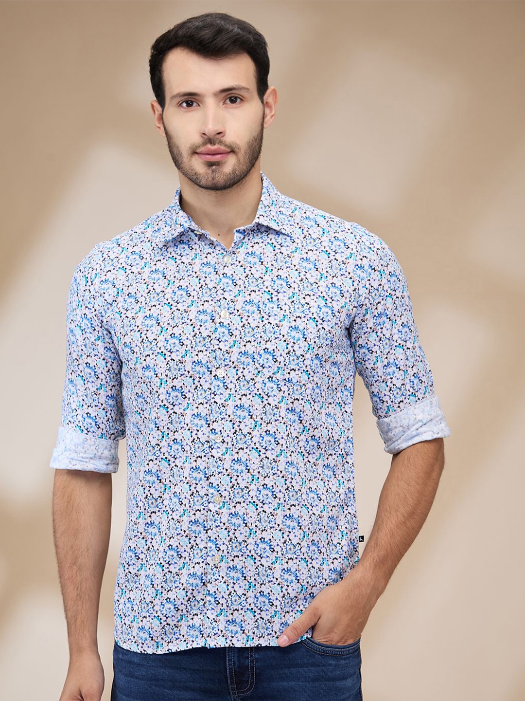 

Parx Men Spread Collar Floral Printed Cotton Slim Fit Casual Shirt, Blue