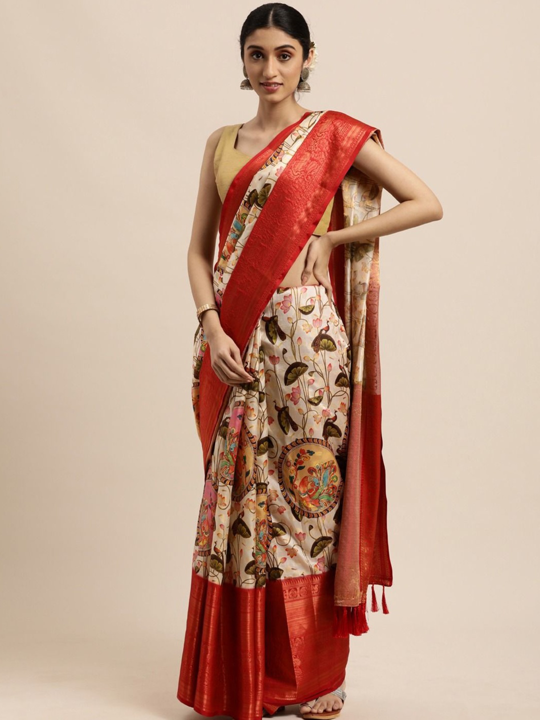

Zeekha Ethnic Motifs Printed Zari Pure Silk Kanjeevaram Saree, Cream