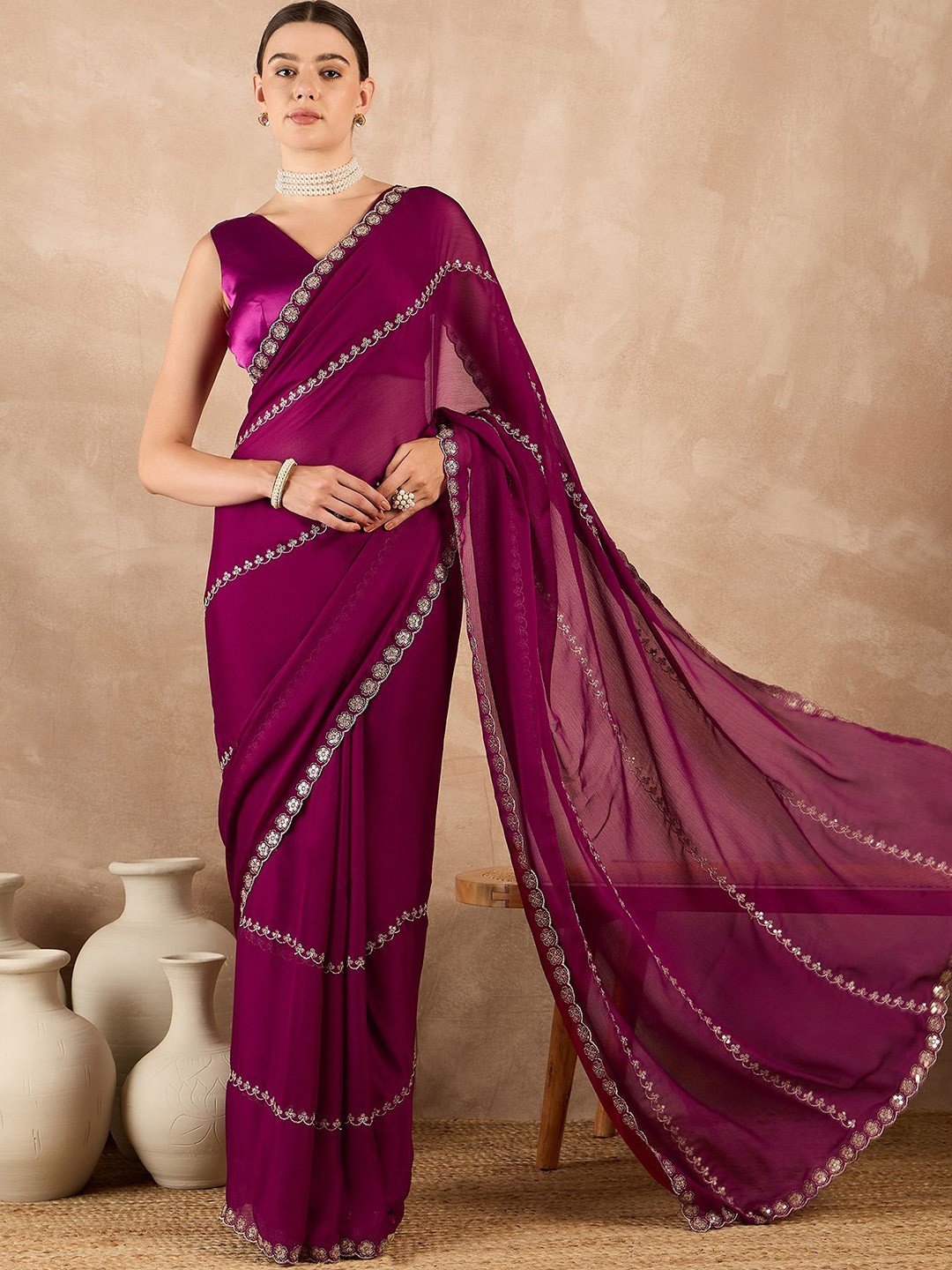 

all about you Embellished Embroidered Pure Chiffon Saree, Purple