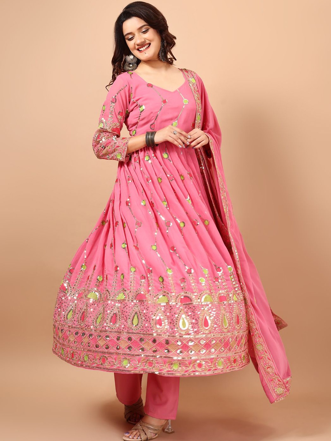 

KALINI Floral Embroidered Sequinned Anarkali Kurta with Trousers & Dupatta, Pink