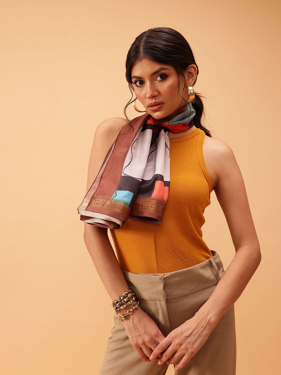 

Silk Land Women Geometric Printed Silk Scarf, Brown