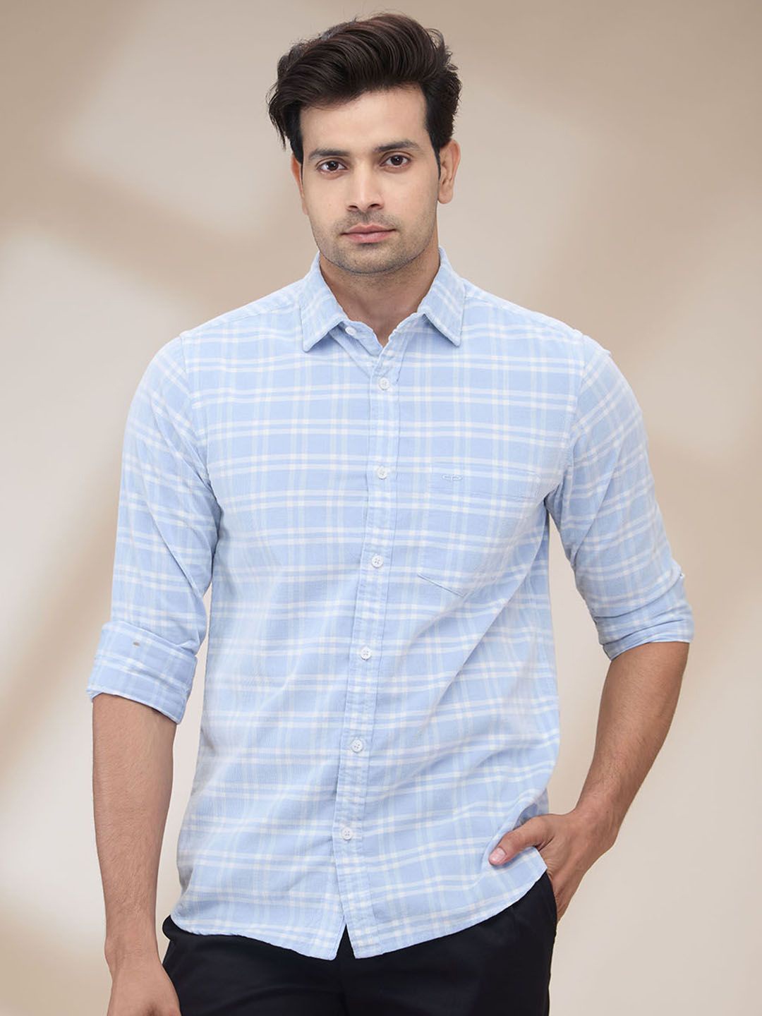 

ColorPlus Men Spread Collar Grid Tattersall Checked Cotton Casual Shirt, Blue