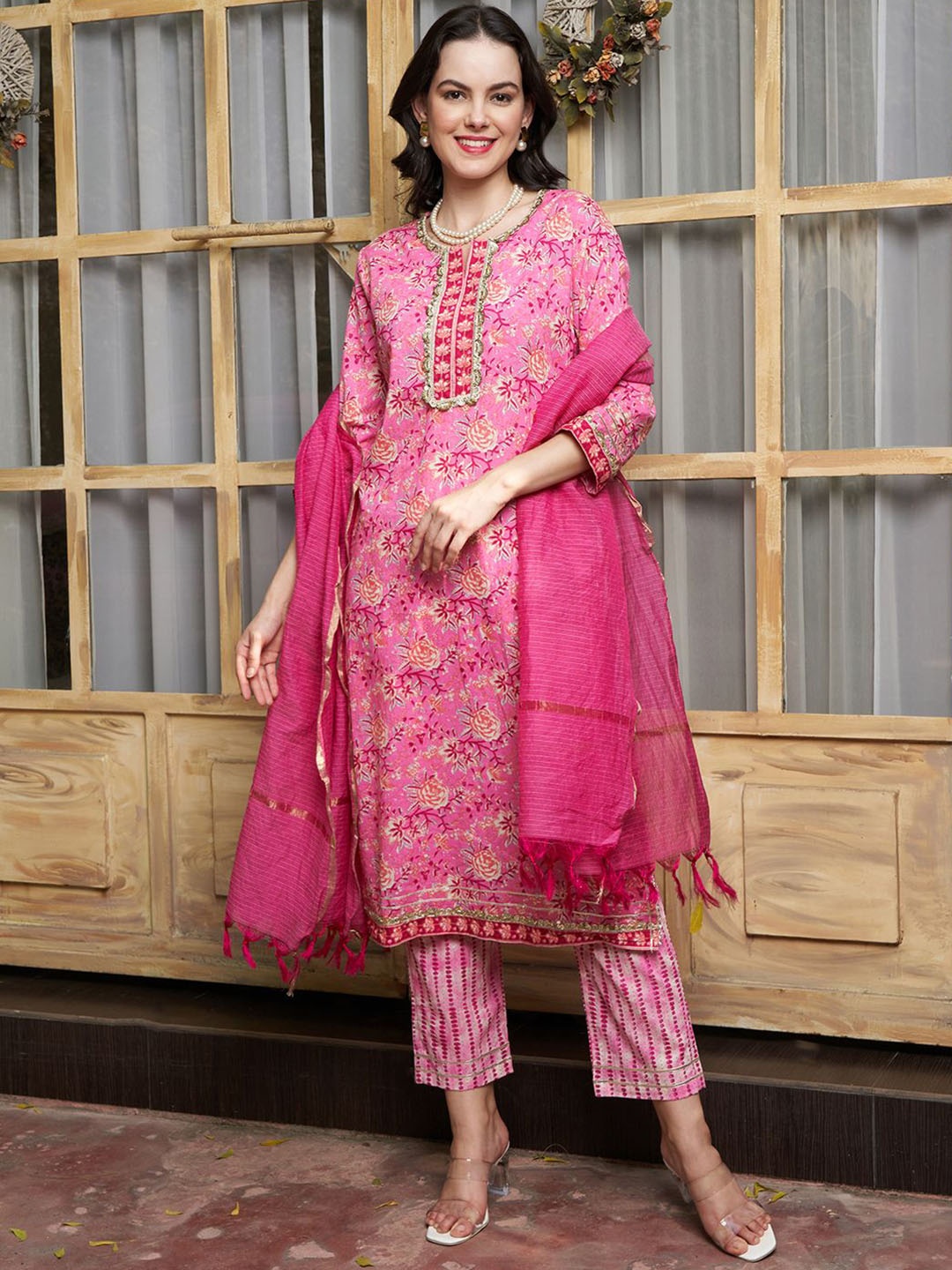 

BANDIA Floral Printed Pure Cotton Straight Kurta with Trousers & Dupatta, Pink