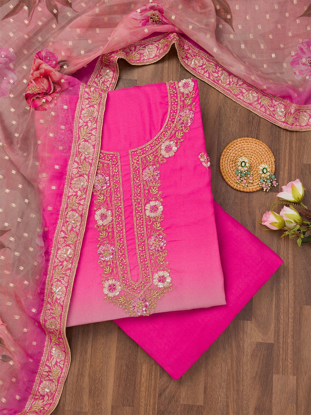 

Koskii Floral Embroidered Zari Work Unstitched Dress Material, Pink