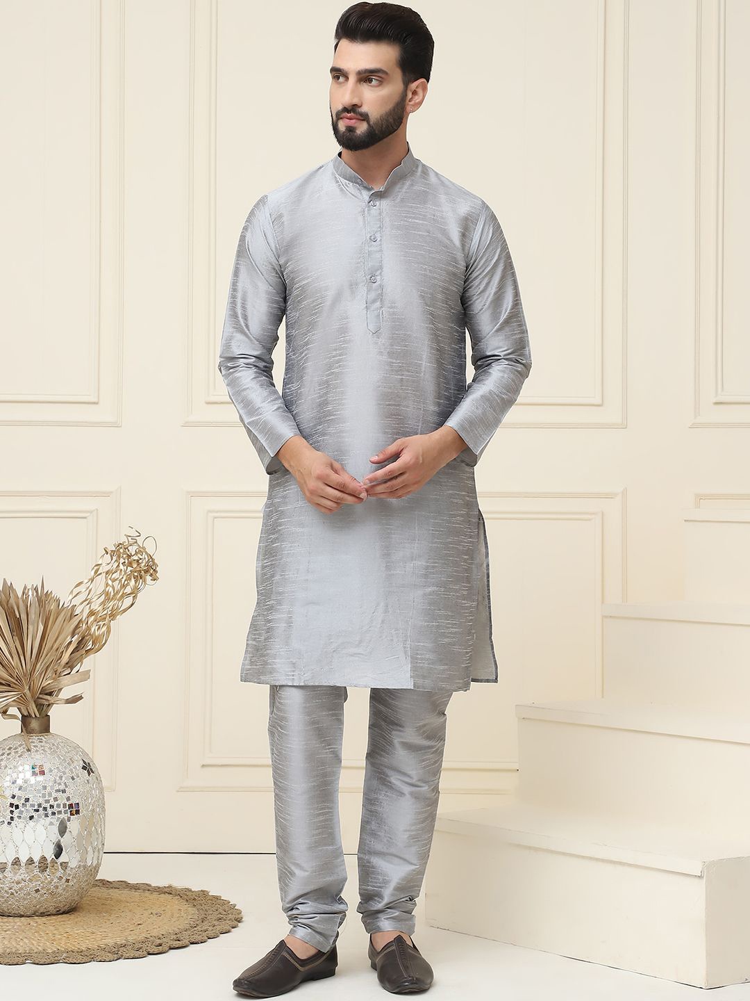 

SOJANYA Mandarin Collar Kurta with Churidar, Grey