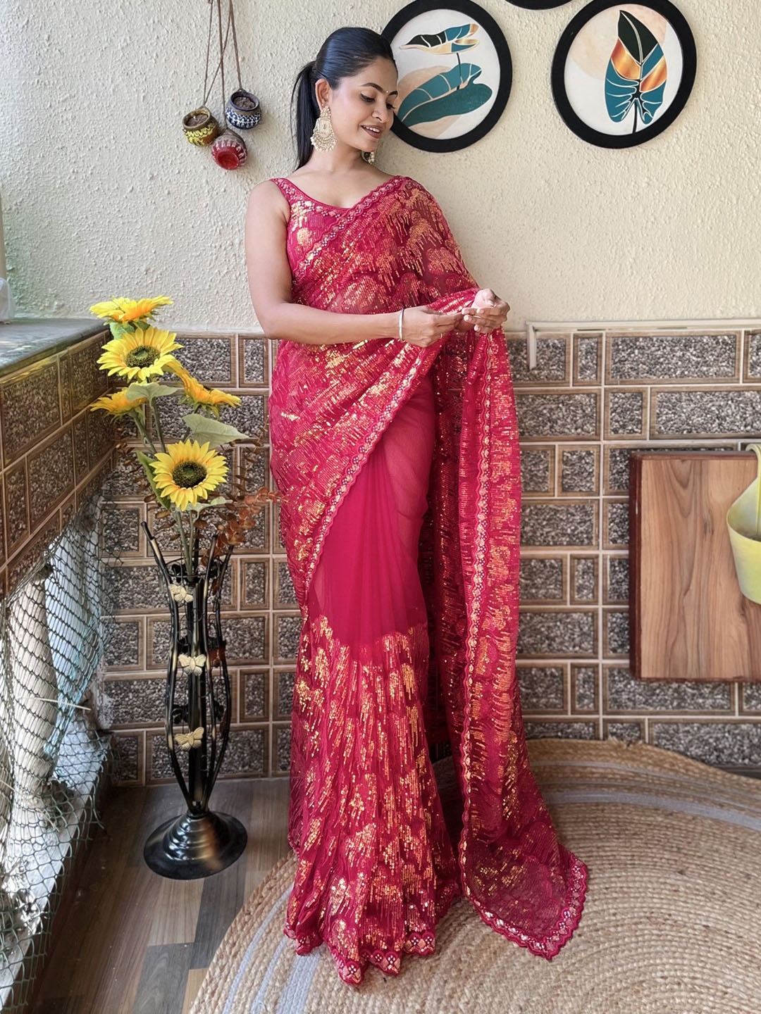 

LeeliPeeri Designer Embellished Sequinned Net Saree, Pink