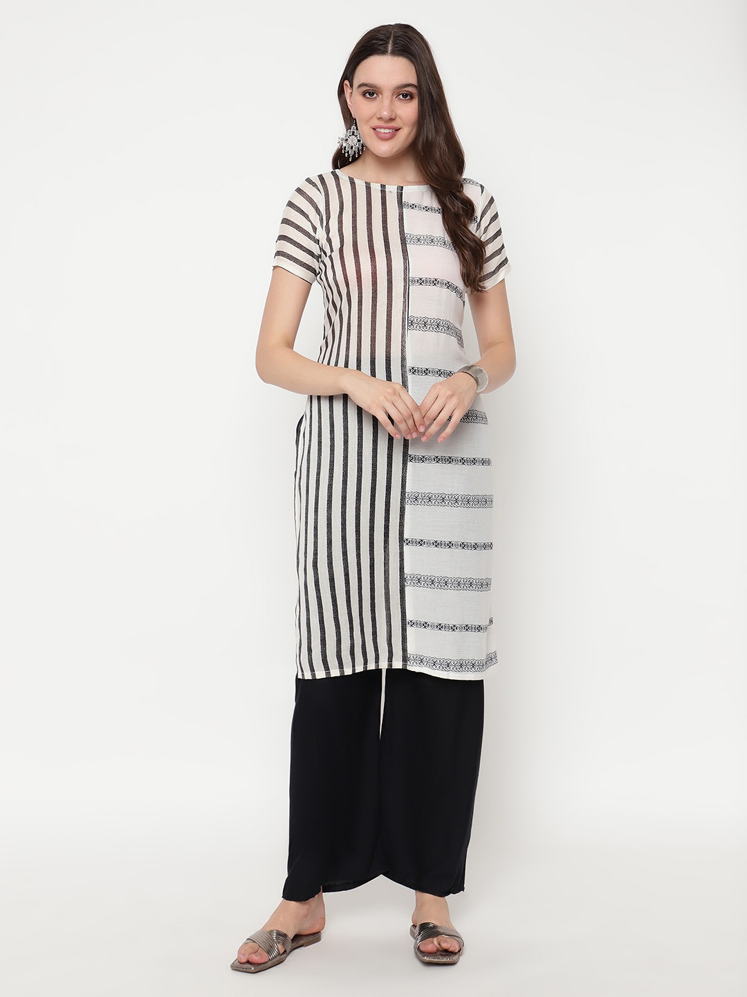 

URG Striped Round Neck Cotton Straight Kurta, White