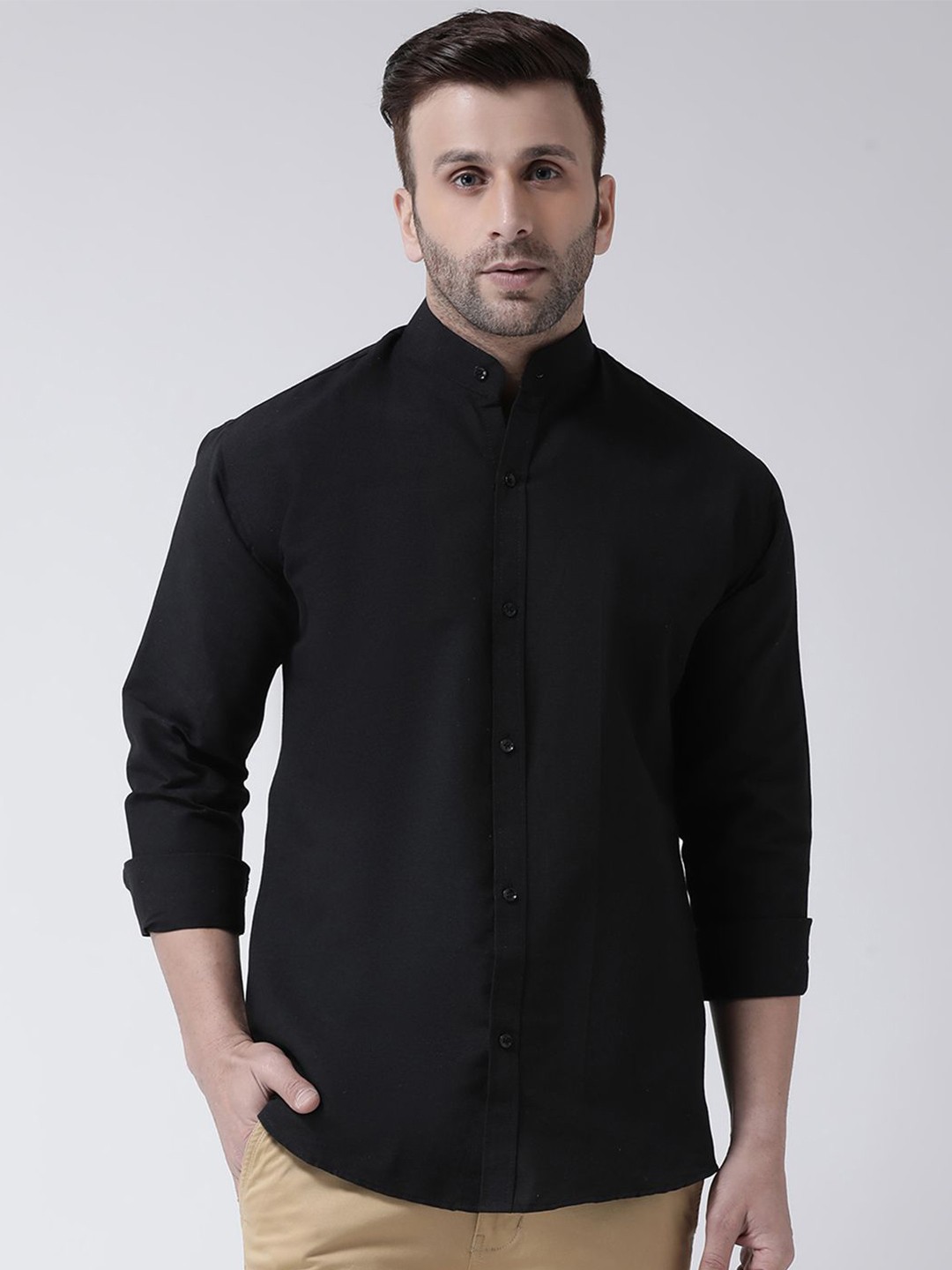 

KLOSET BY RIAG Men Classic Band Collar Solid Cotton Casual Shirt, Black