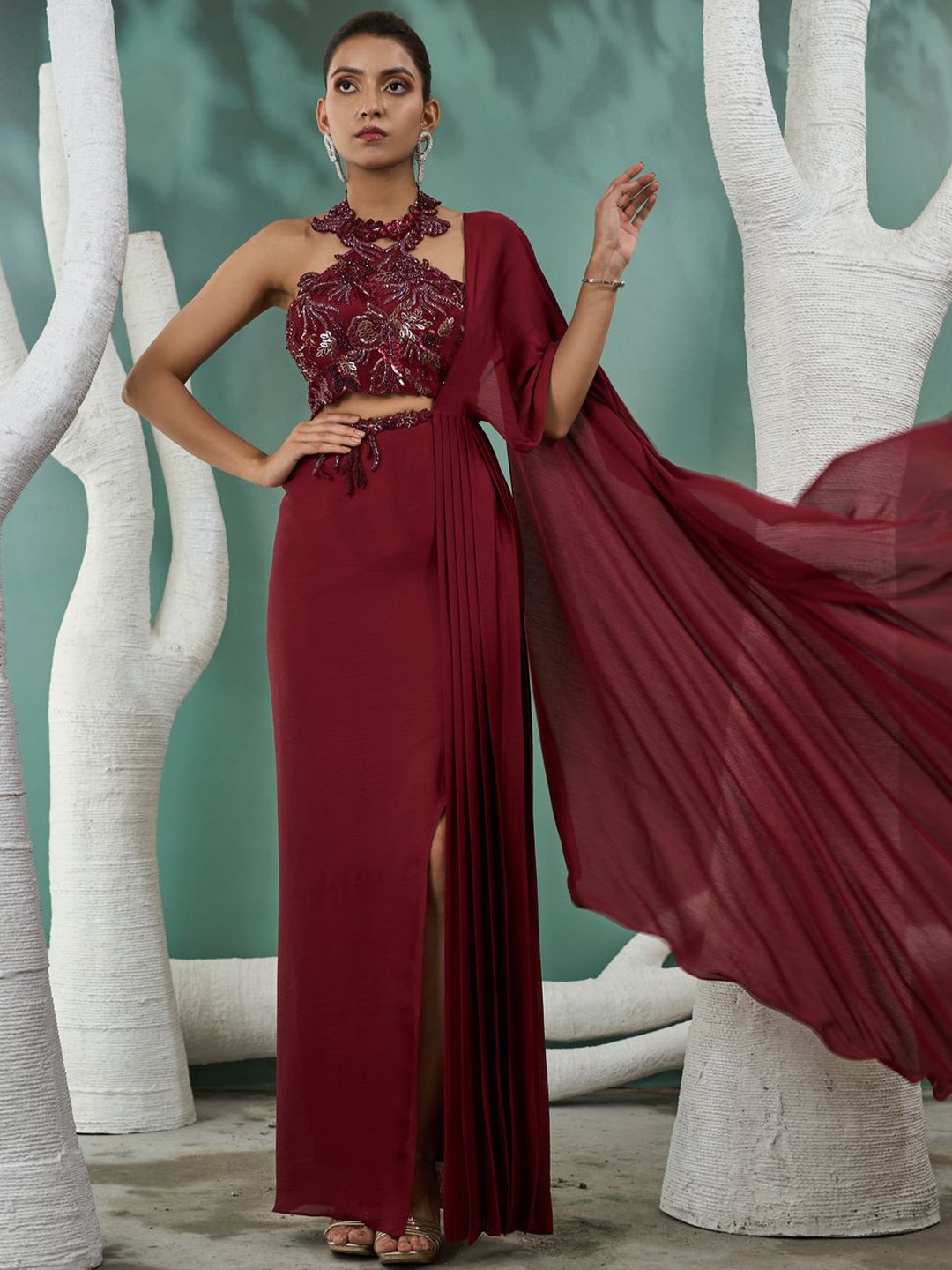 

ONE KNOT ONE Solid Ready to Wear Party Saree with Stitched Blouse, Burgundy