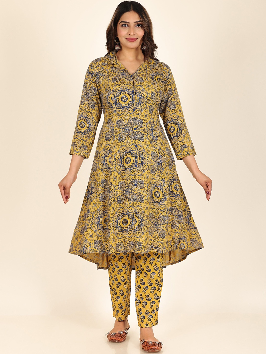 

Aramya Ethnic Motifs Printed Shirt Collar A-Line Kurta, Yellow