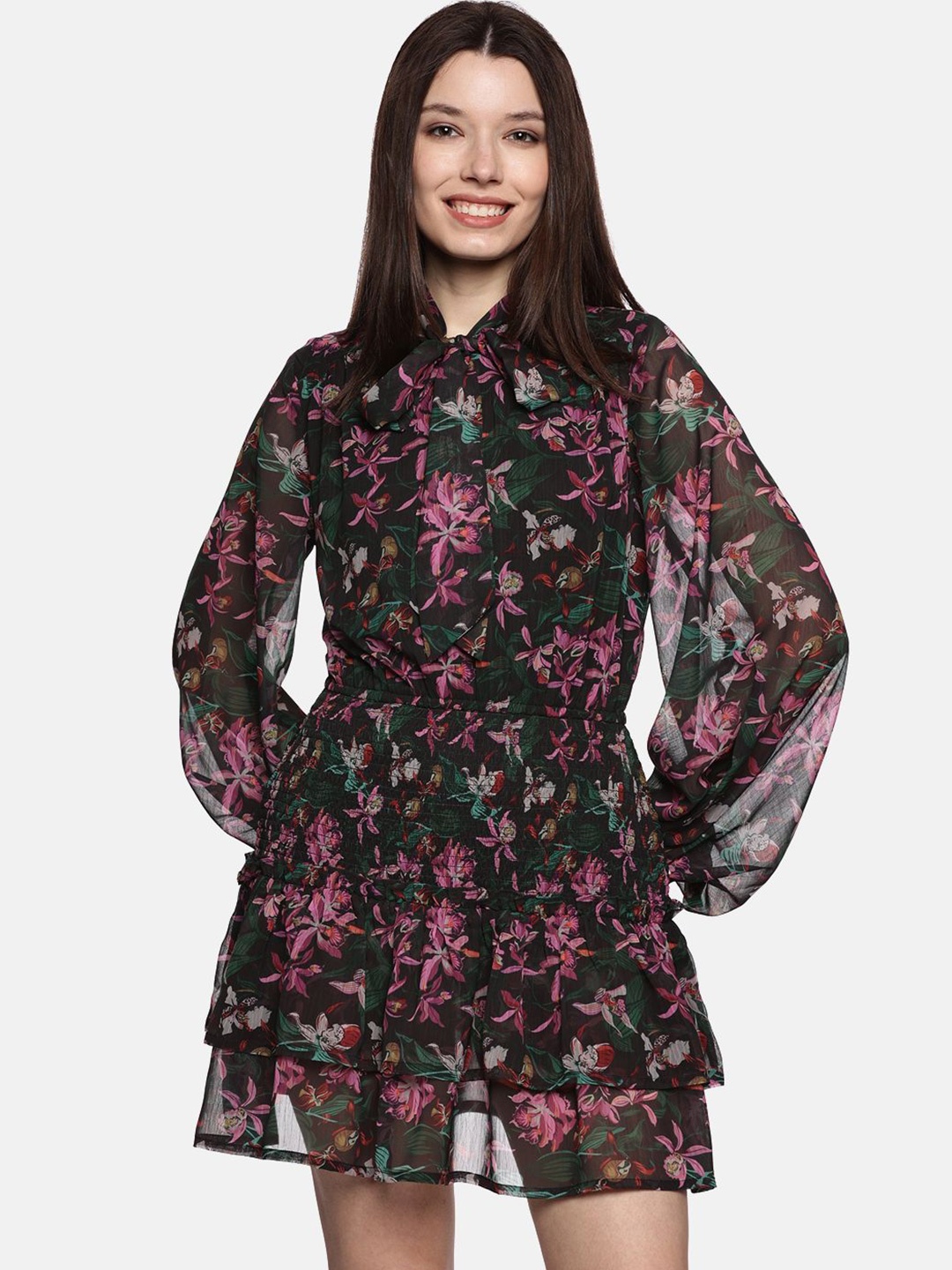 

ISU Women Floral Printed Tie- Knot Neck Bishop Sleeve Fit & Flare Dress, Black