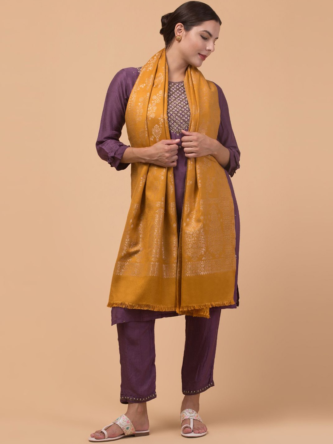 

Tweedle Floral Woven Design Zari Acrylic Shawl, Yellow