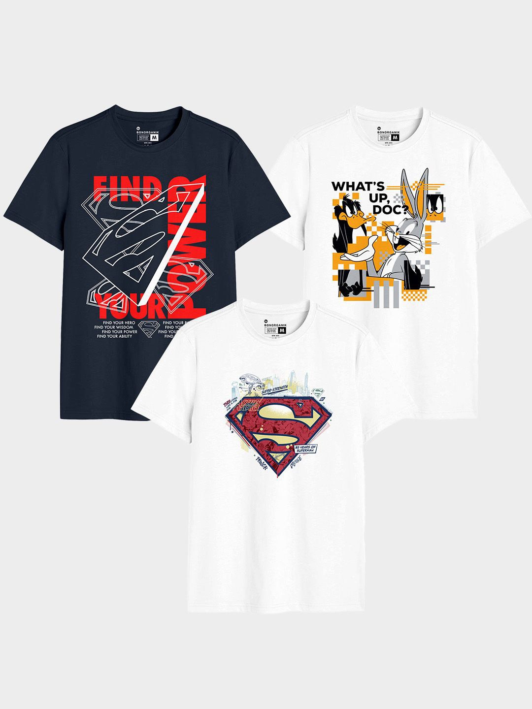 

BonOrganik Men Pack Of 3 Graphic Printed Round Neck Cotton T-shirts, Navy blue