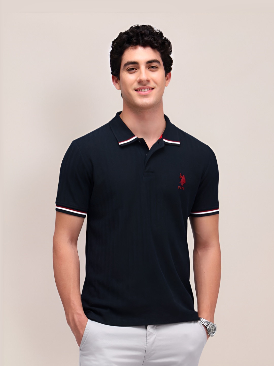 

U.S. Polo Assn. Men Brand Logo Polo Collar Slim Fit Pure Cotton T-shirt, Navy blue