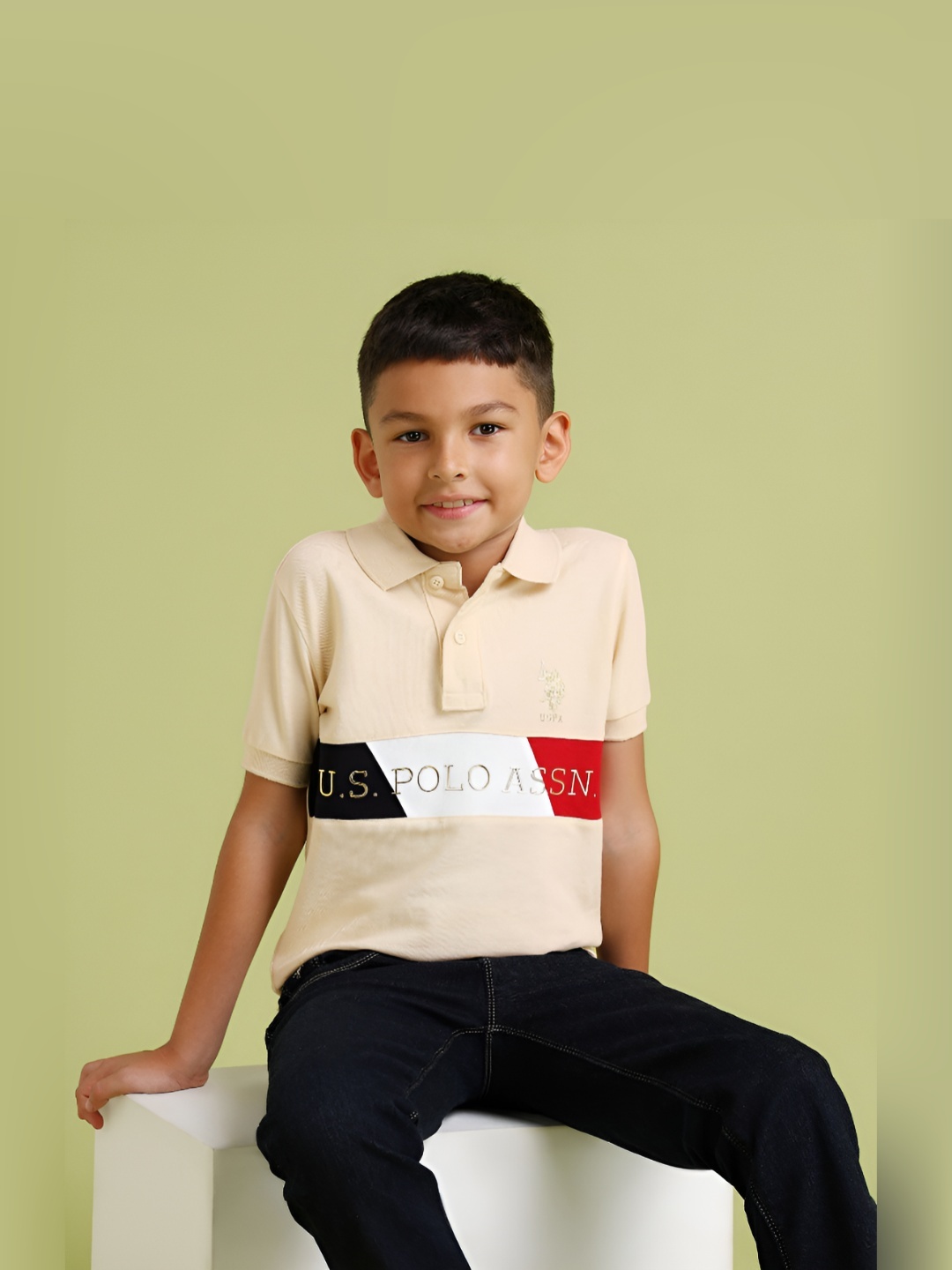 

U.S. Polo Assn. Kids Boys Brand Logo Printed Polo Collar Pure Cotton T-shirt, Cream