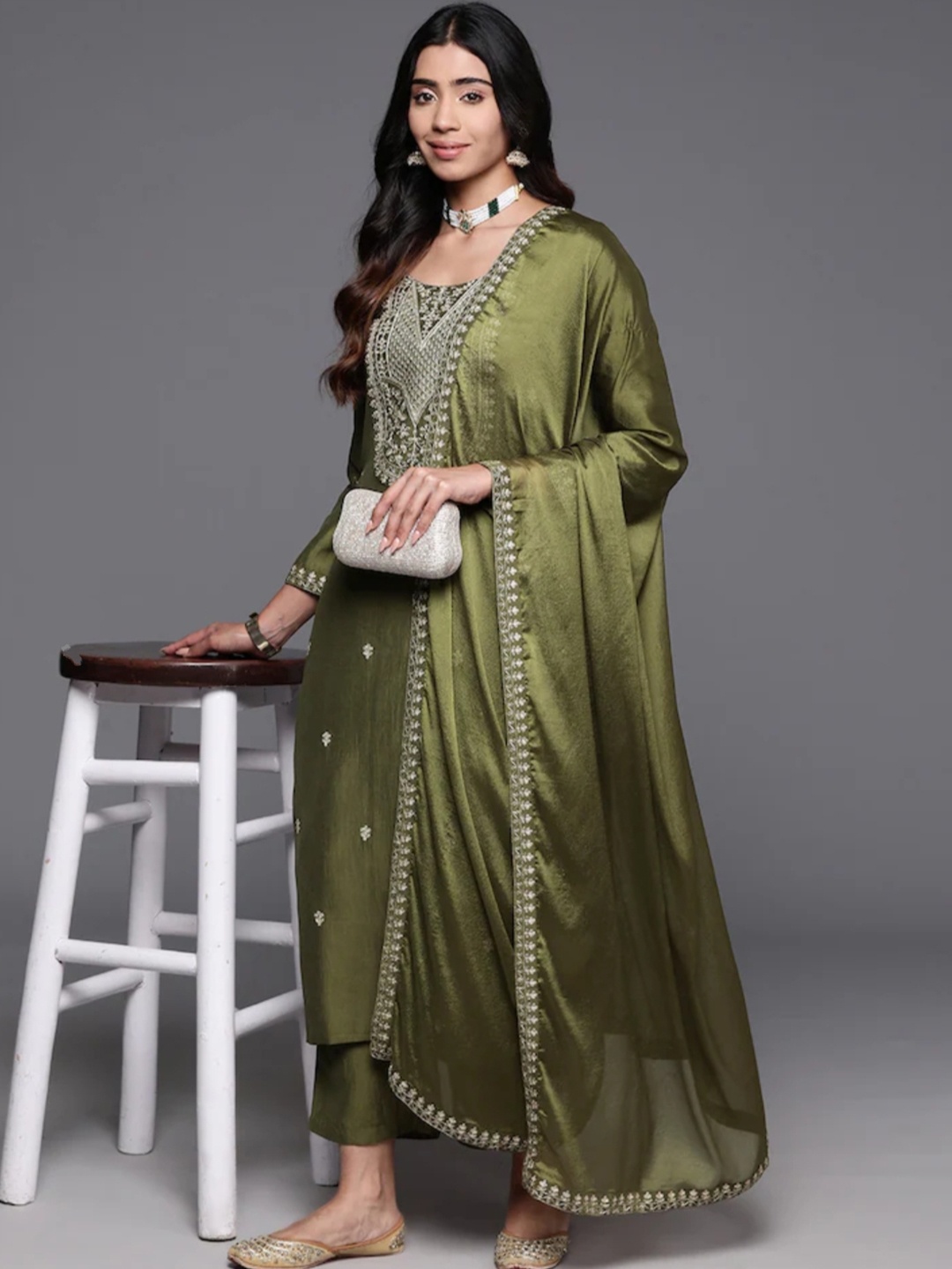 

Lilots Ethnic Motifs Embroidered Beads and Stones Kurta with Trousers & Dupatta, Green