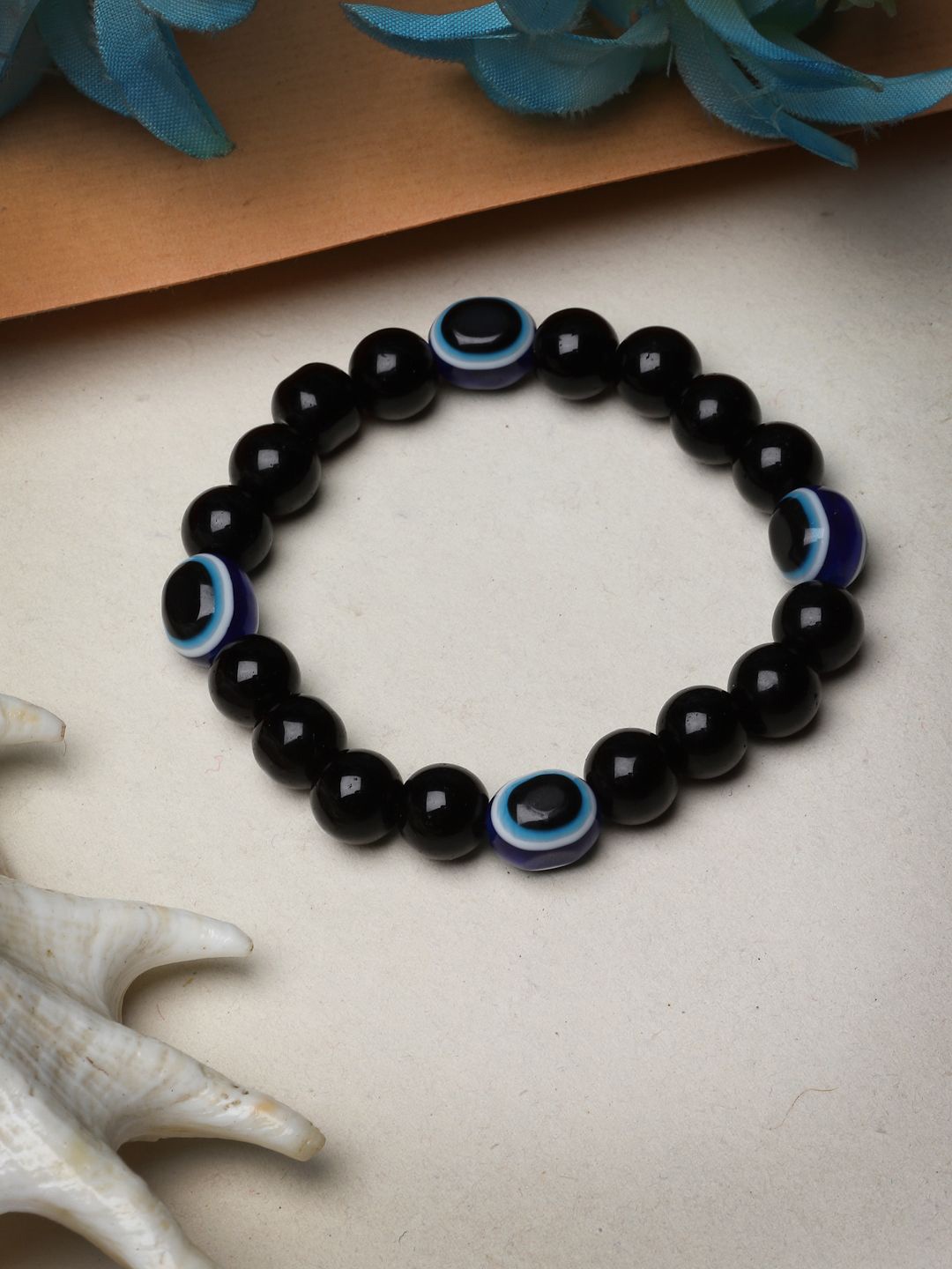 

NVR Unisex Rhodium-Plated Evil Eye Beaded Elasticated Bracelet, Black