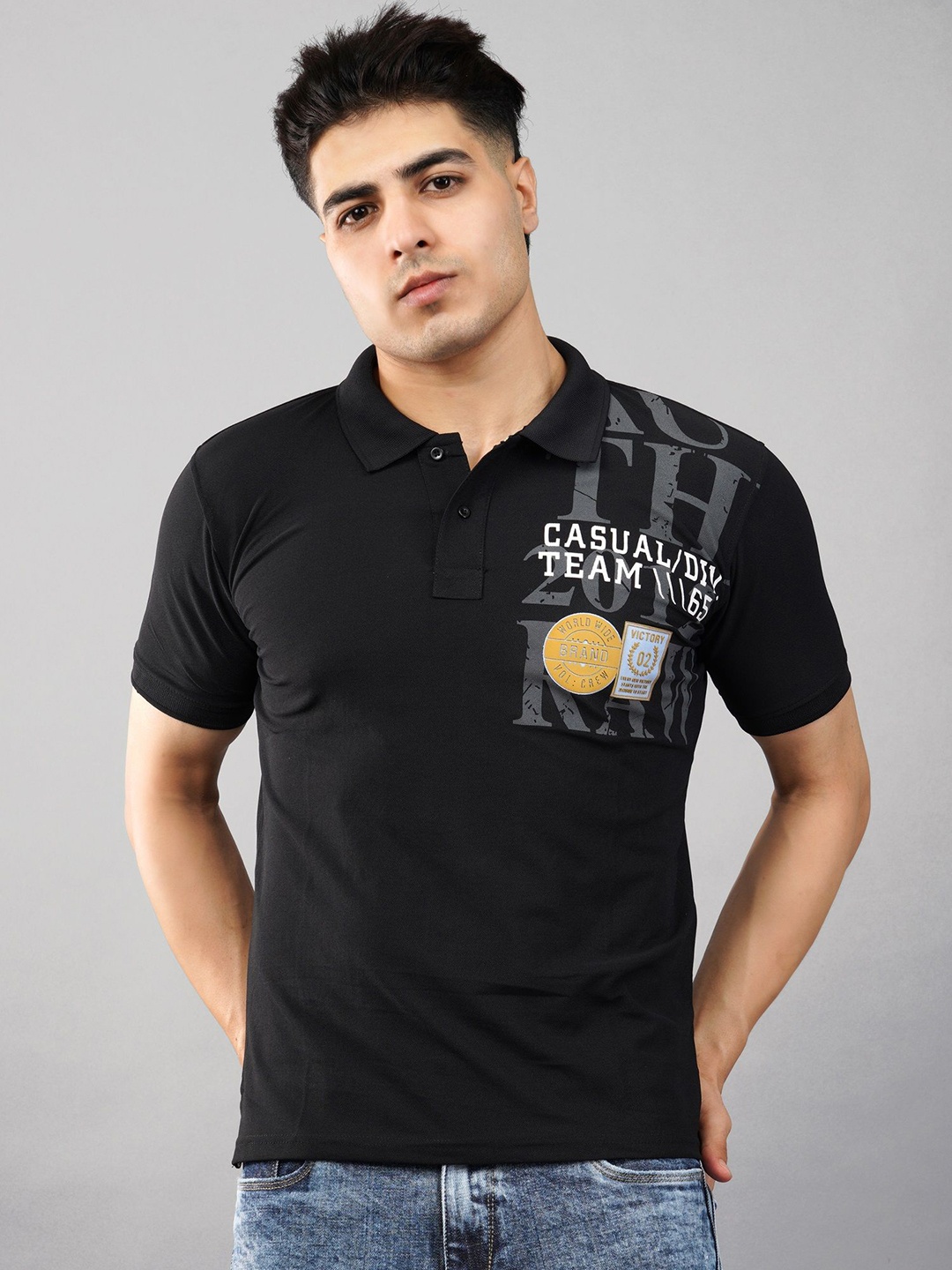 

MEGHZ Men Graphic Printed Polo Collar Cotton Slim Fit T-shirt, Black