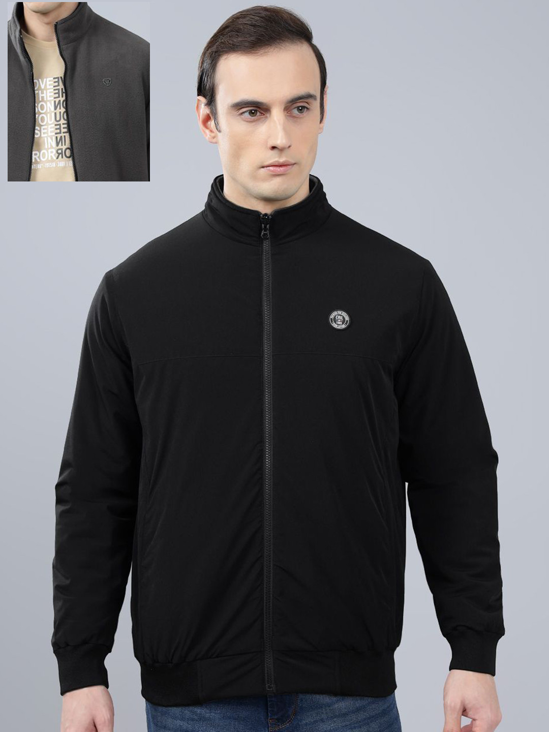 

Cantabil Men Solid Winter Reversible Open Front Jacket, Black