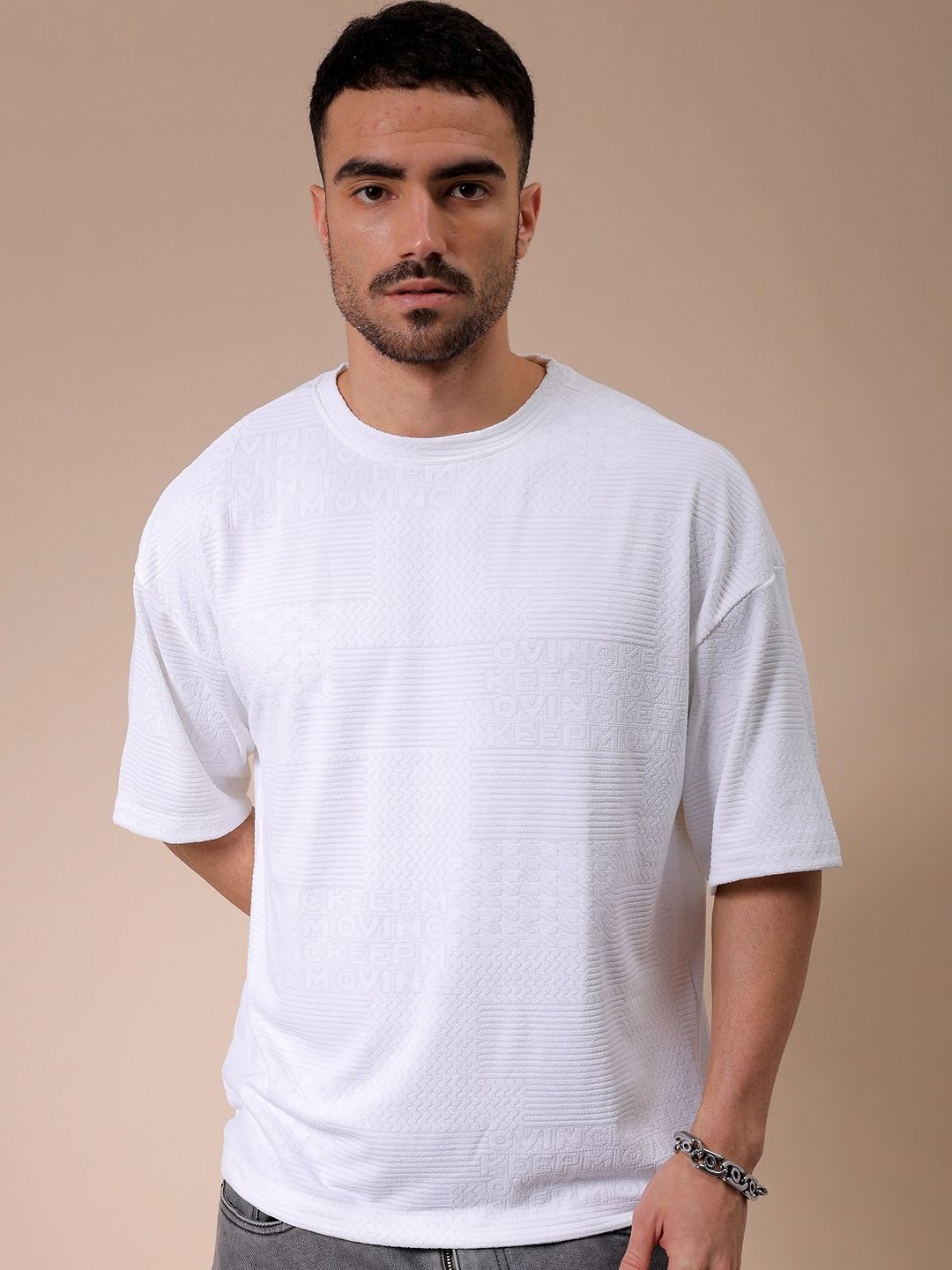 

The Indian Garage Co Men Self Design Round Neck Oversized T-shirt, White