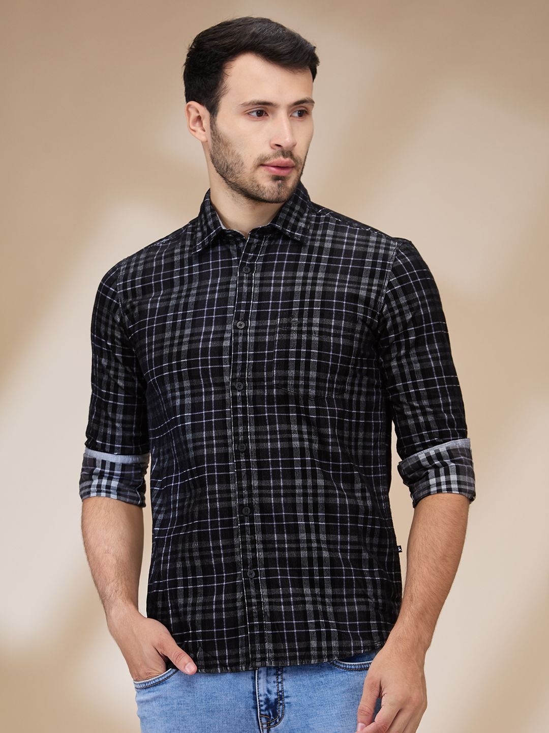 

Parx Men Spread Collar Grid Tattersall Checked Cotton Slim Fit Casual Shirt, Black