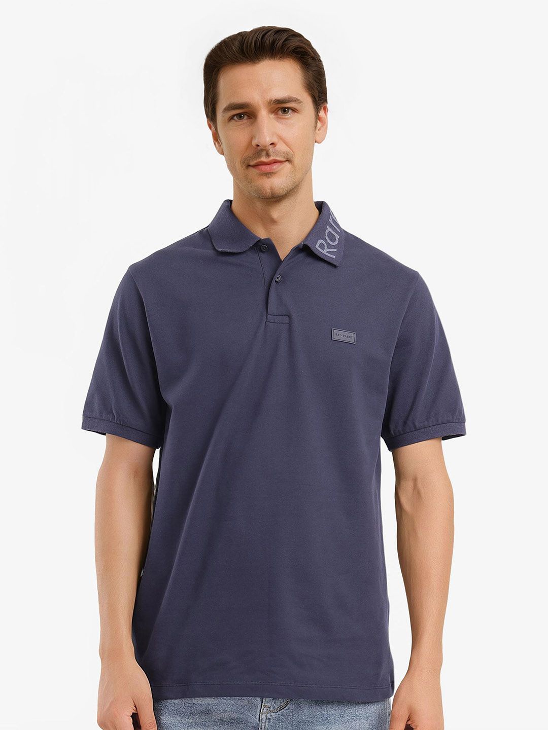 

RARE RABBIT Men Solid Polo Collar Cotton T-shirt, Navy blue