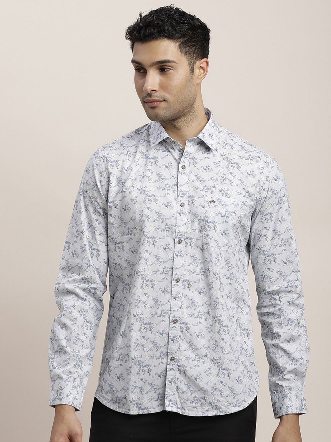 

Turtle Men Relaxed Spread Collar Floral Printed Cotton Slim Fit Casual Shirt, Grey