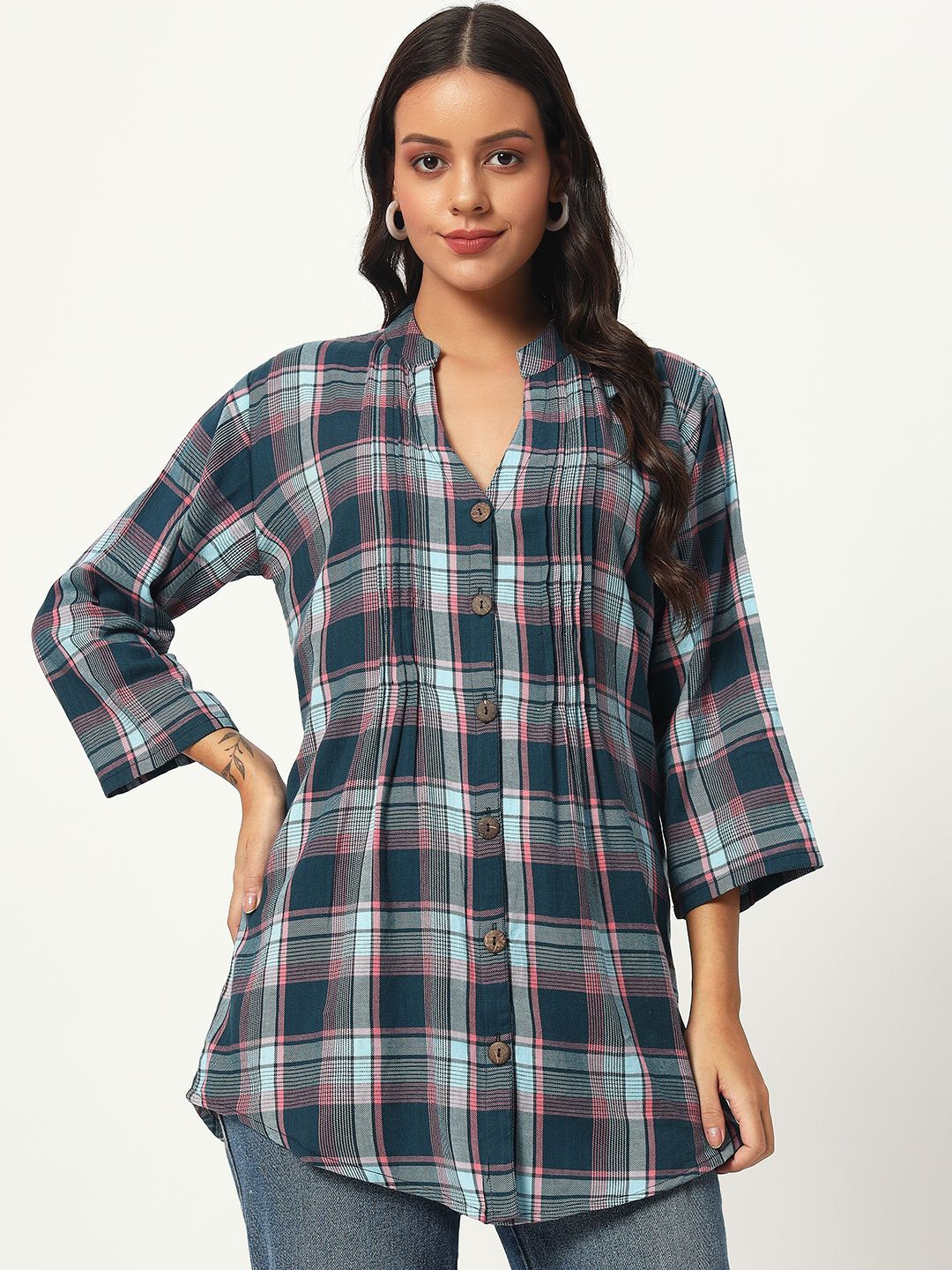 

VELDRESS Women Mandarin Collar Tartan Checked Crepe Casual Shirt, Green