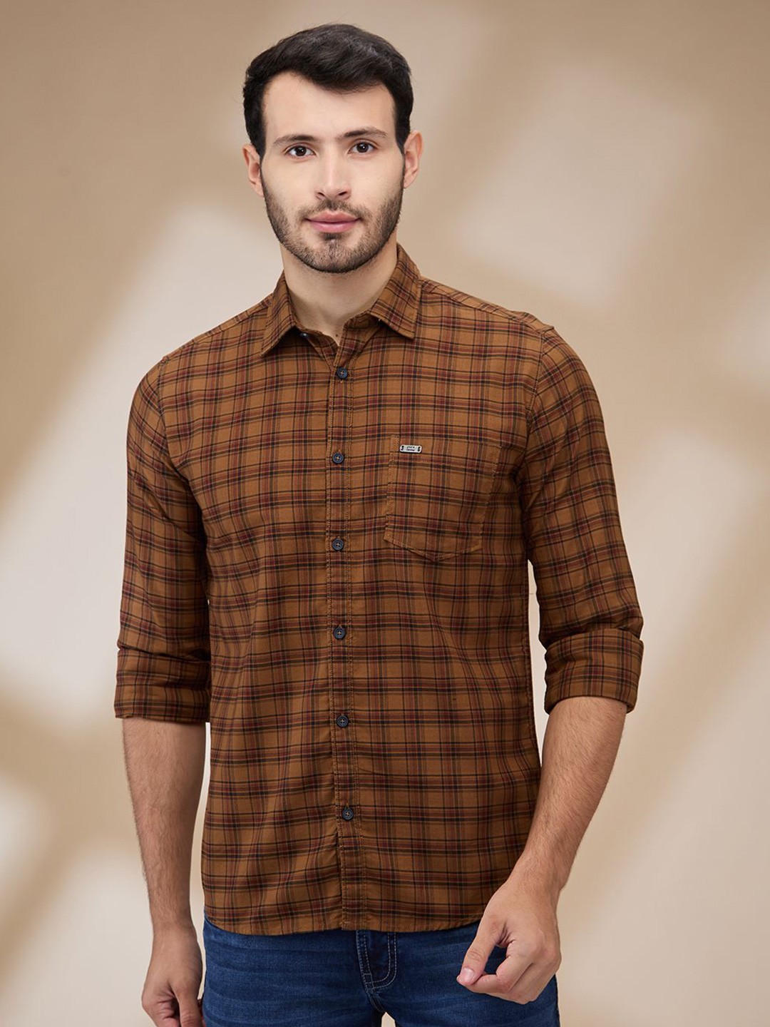 

Parx Men Spread Collar Tartan Checked Cotton Slim Fit Casual Shirt, Brown