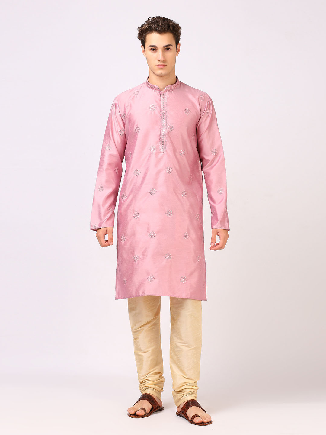 

BELLAZO Ethnic Motifs Embroidered Mandarin Collar Mirror Work Pure Cotton Straight Kurta, Pink