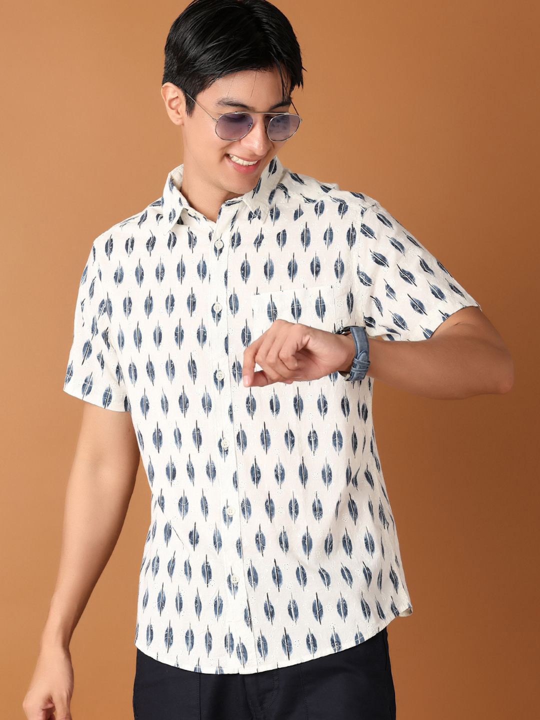 

V-Mart Men Classic Spread Collar Abstract Printed Cotton Slim Fit Casual Shirt, Cream