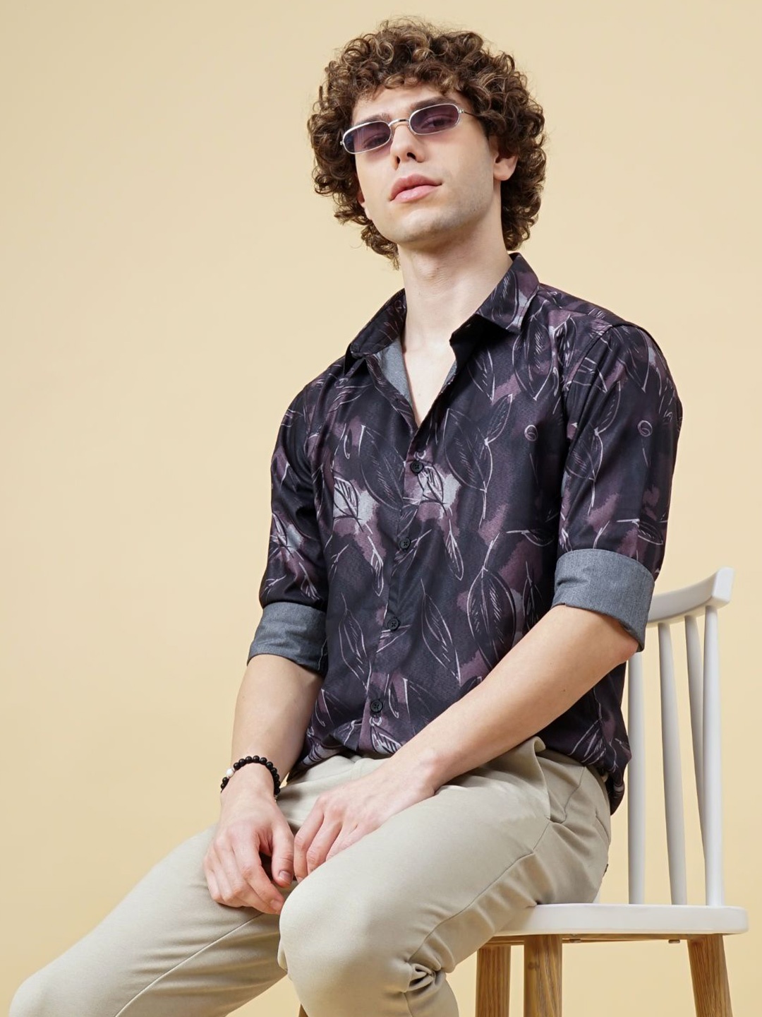 

PAUL STREET Men Classic Spread Collar Floral Printed Slim Fit Casual Shirt, Black