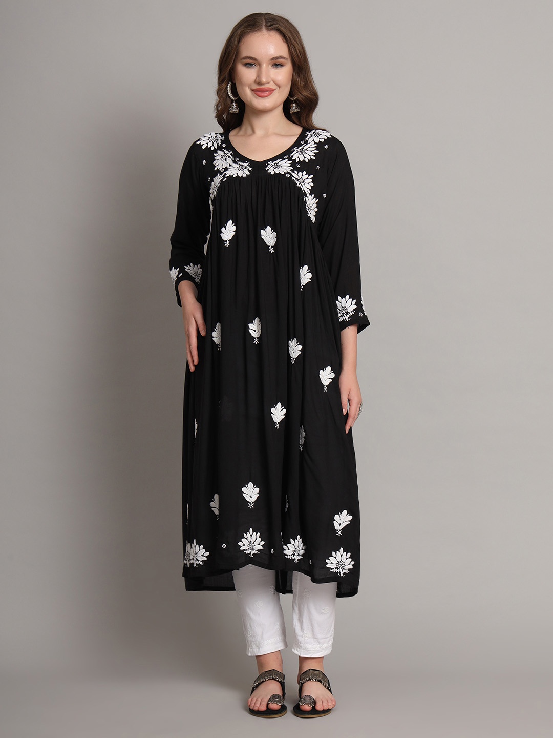 

The Chikan Label Floral Embroidered Thread Work Cotton A-Line Kurta, Black