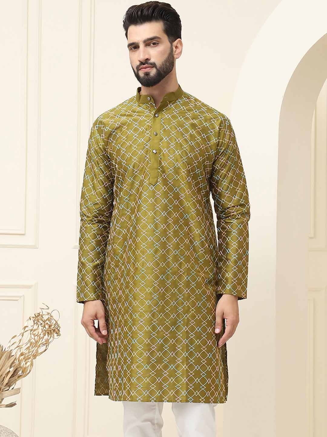 

SOJANYA Geometric Embroidered Band Collar Long Sleeves Silk Straight Kurta, Olive