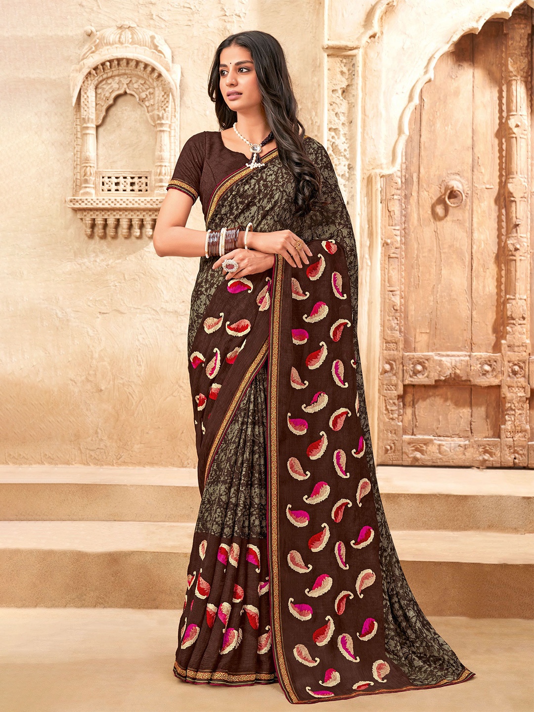 

Laxmipati Paisley Printed Embroidered Saree, Brown