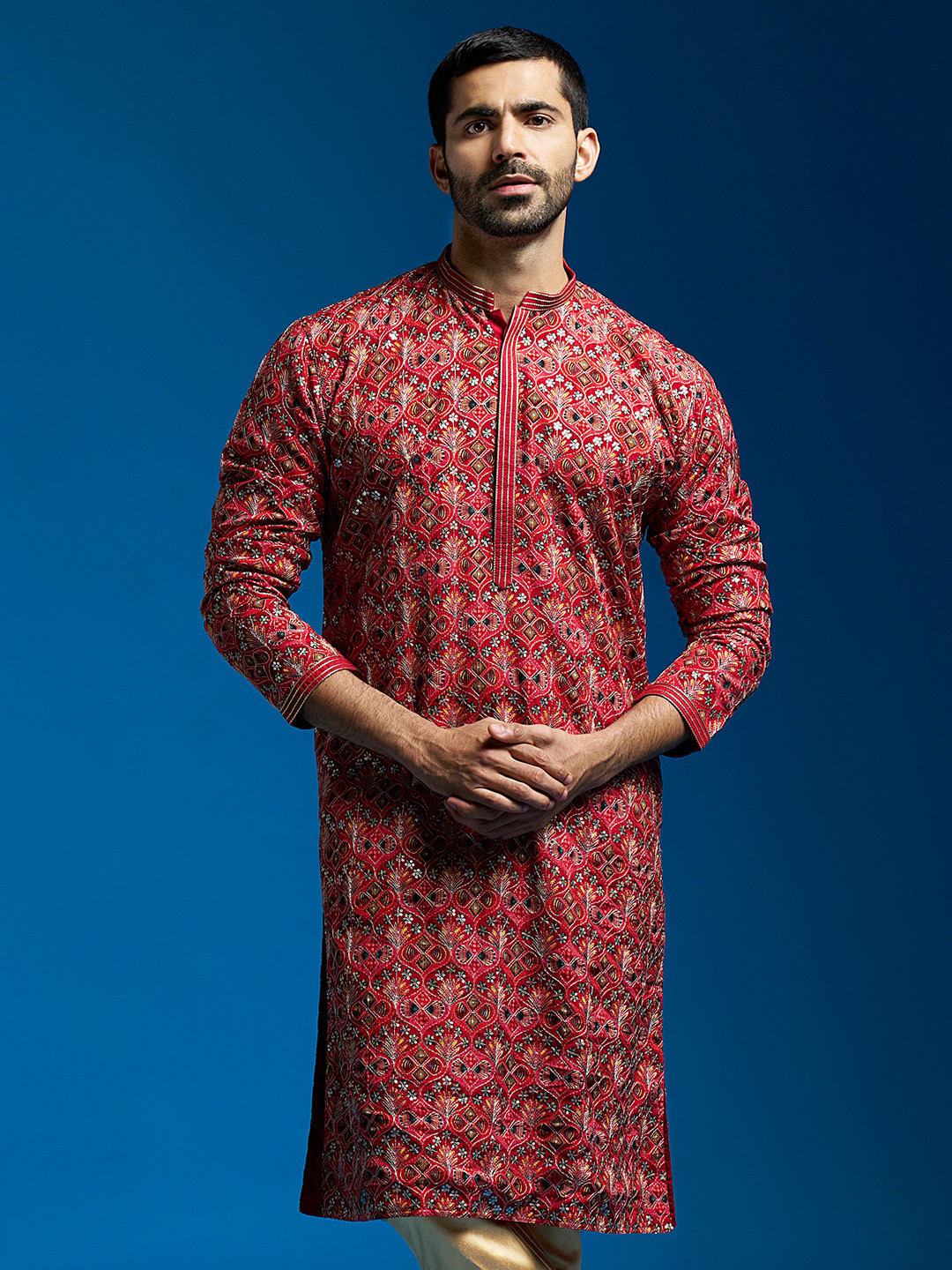 

VASTRAMAY Floral Printed Mandarin Collar Sequins Chiffon Straight Kurta, Red