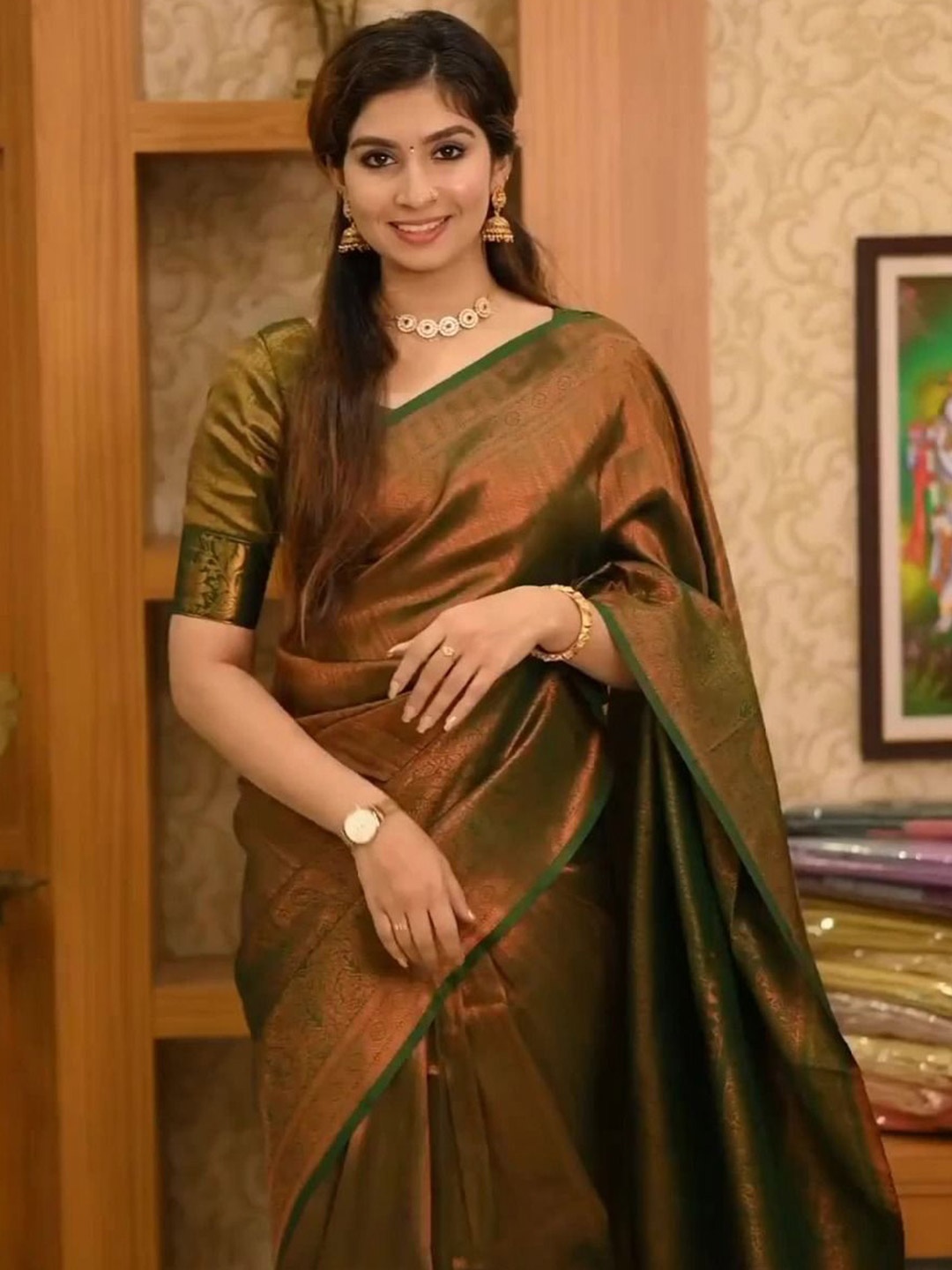

Kriyansh Woven Design Zari Art Silk Kanjeevaram Saree, Green