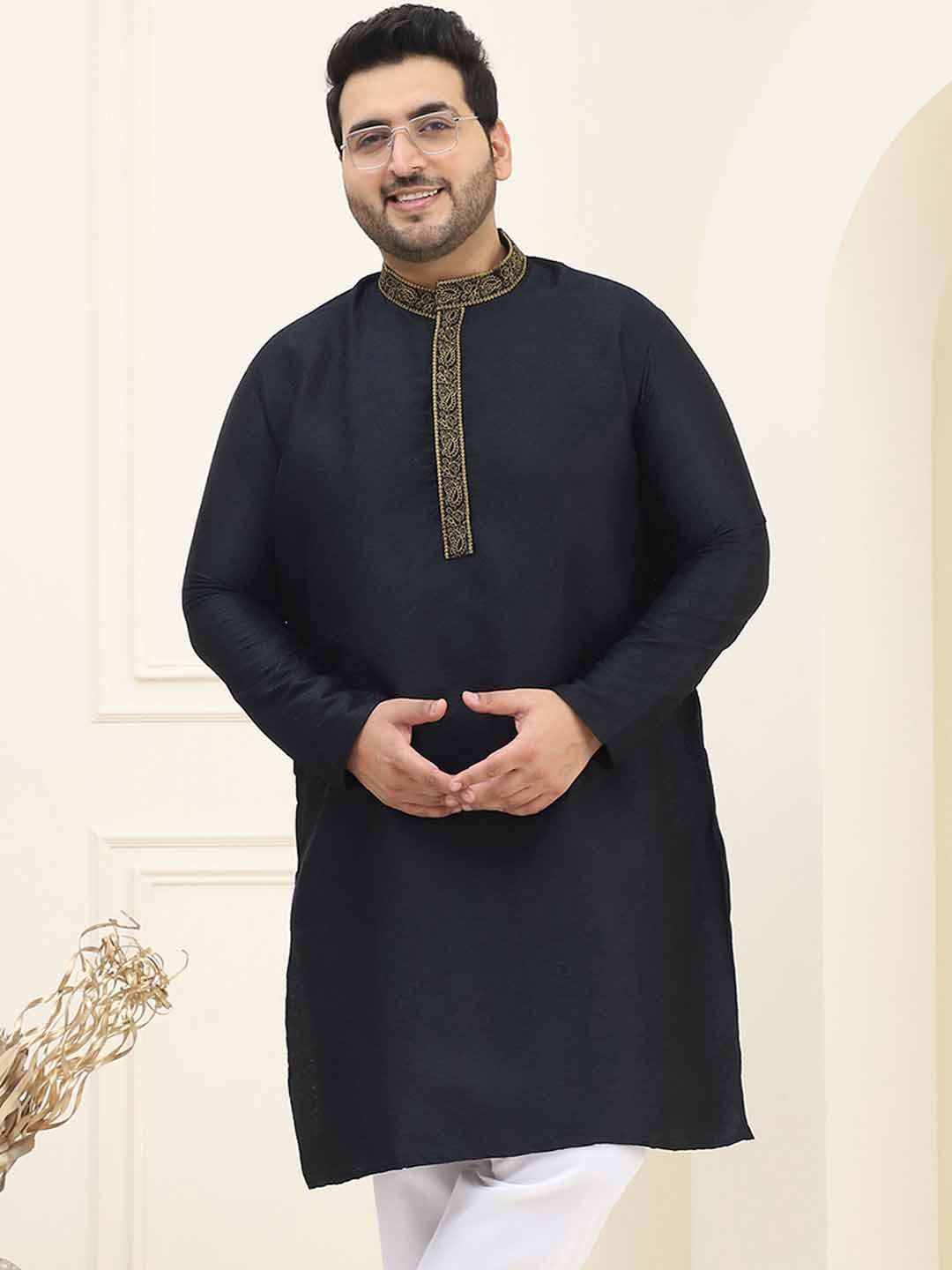 

SOJANYA Plus Mandarin Collar Long Sleeves Thread Work Cotton Straight Kurta, Black