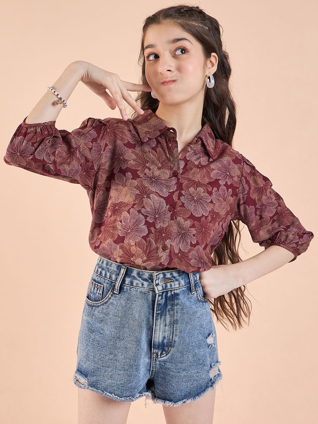 

Stylo Bug Girls Floral Printed Shirt Collar Top, Maroon