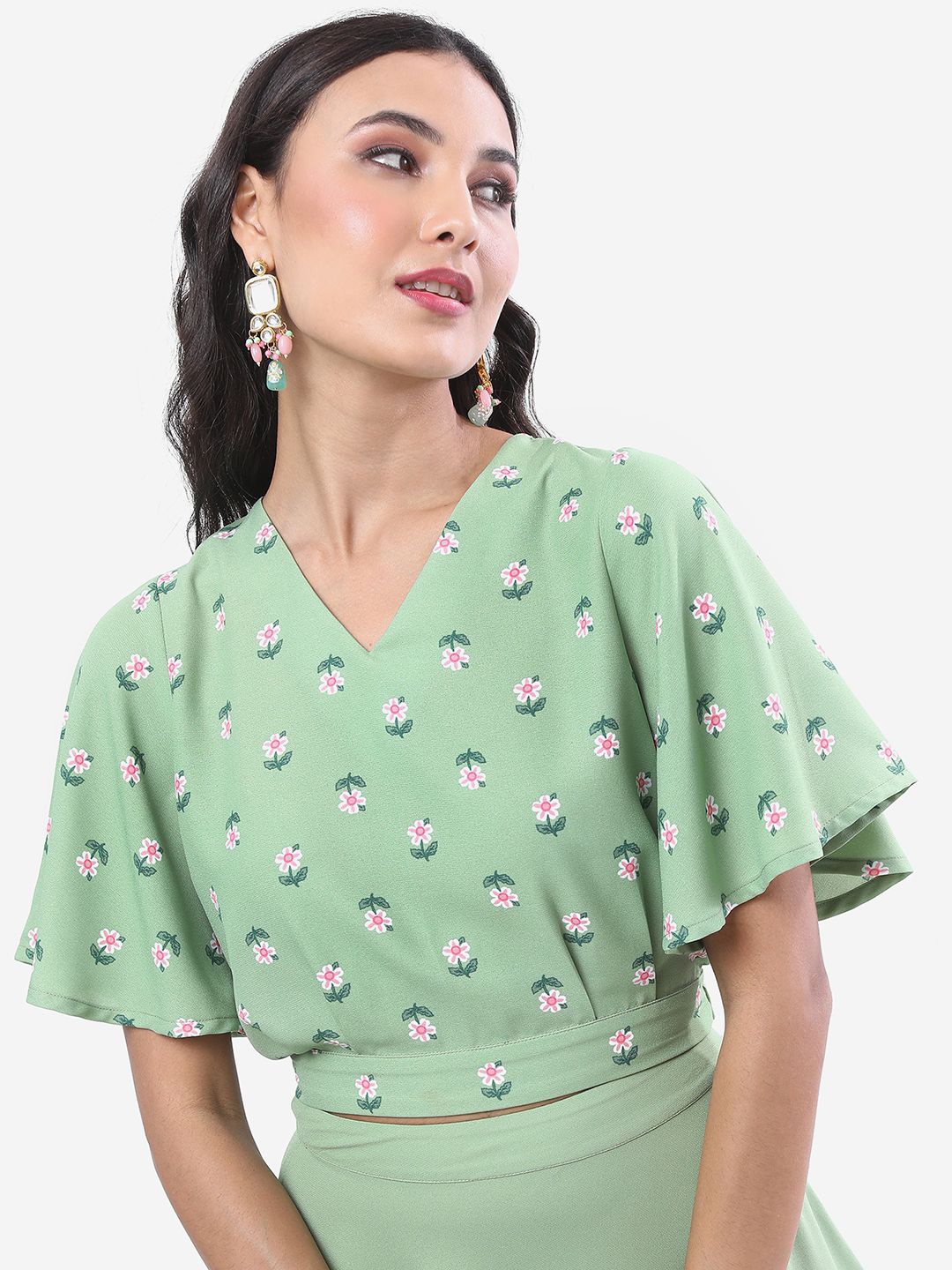 

Vishudh Women Floral Printed V-Neck Top, Green