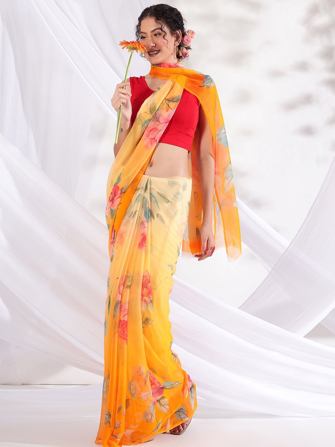 

REETI OF PRINTS Floral Printed Pure Chiffon Saree With Unstitched Blouse Piece, Yellow